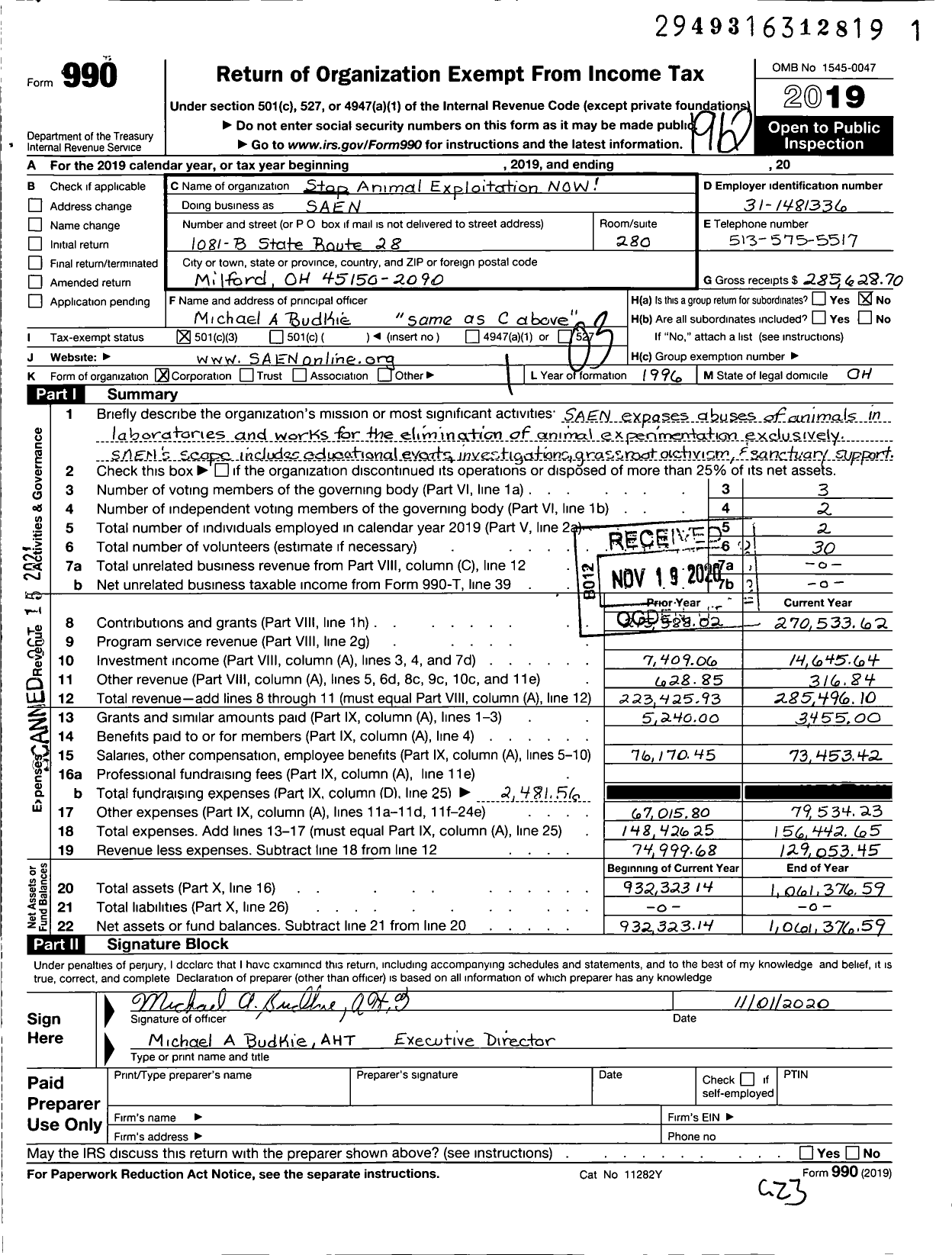 Image of first page of 2019 Form 990 for Stop Animal Exploitation NOW (SAEN)