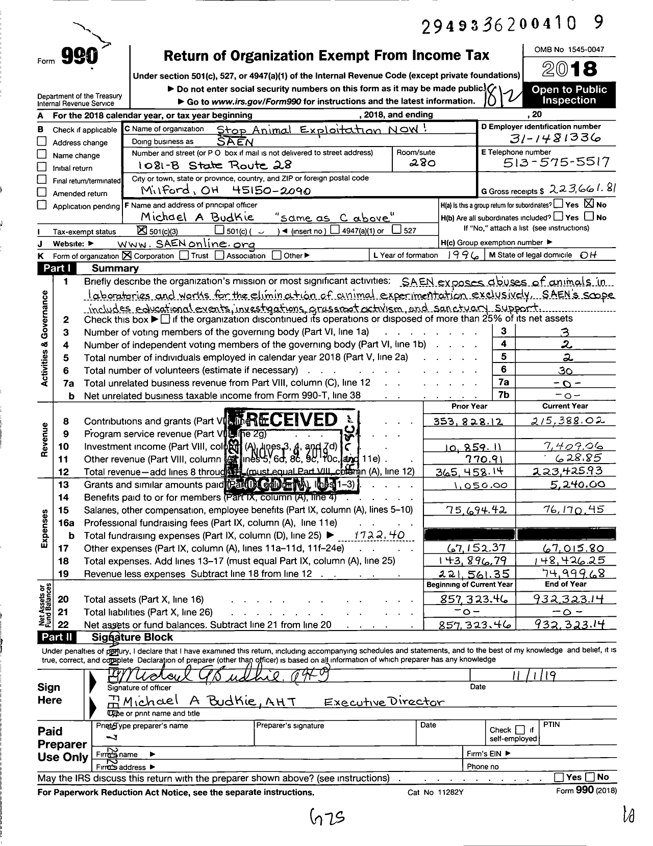 Image of first page of 2018 Form 990 for Stop Animal Exploitation NOW (SAEN)