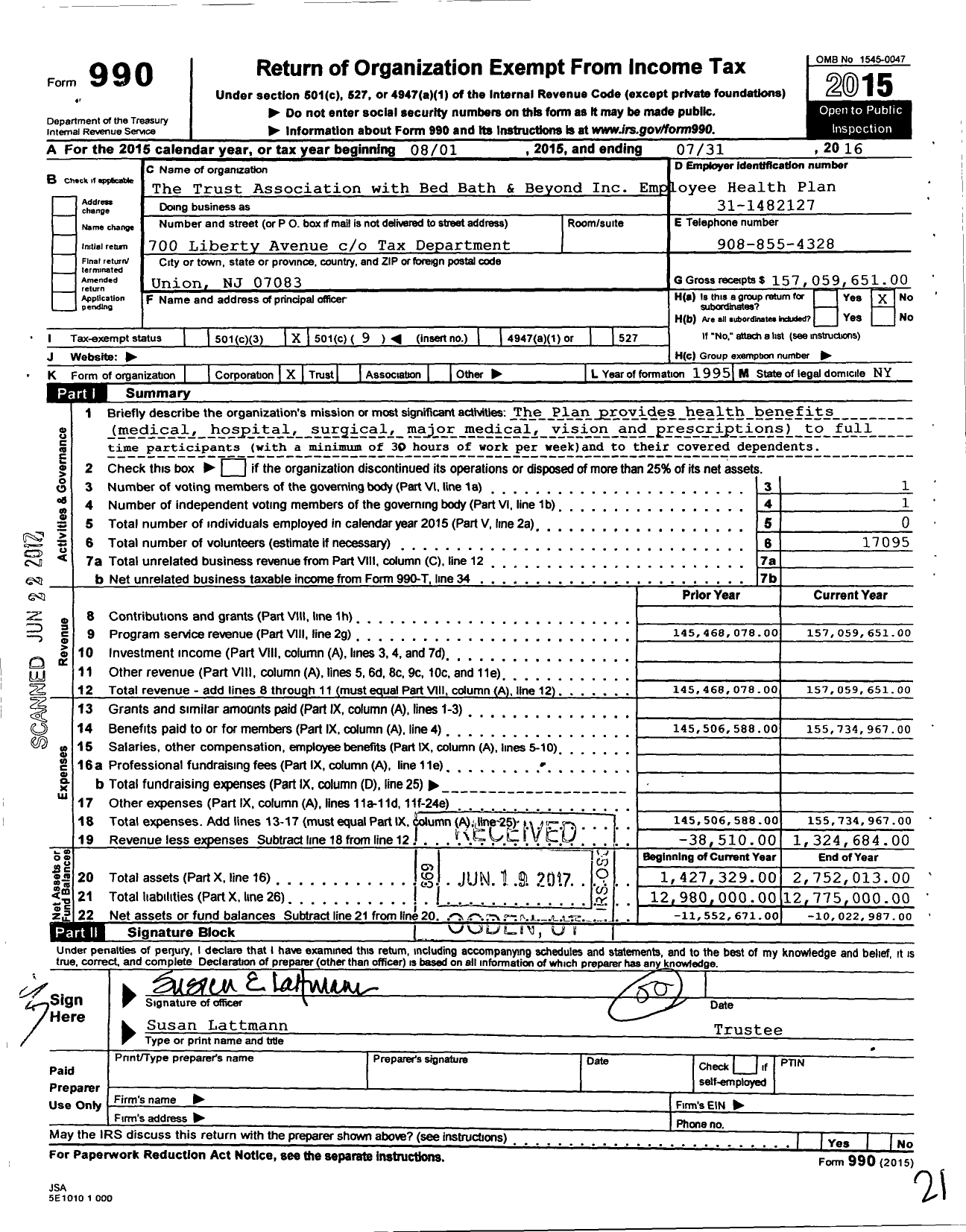 Image of first page of 2015 Form 990O for Bed Bath and Beyond Employee Health Plan