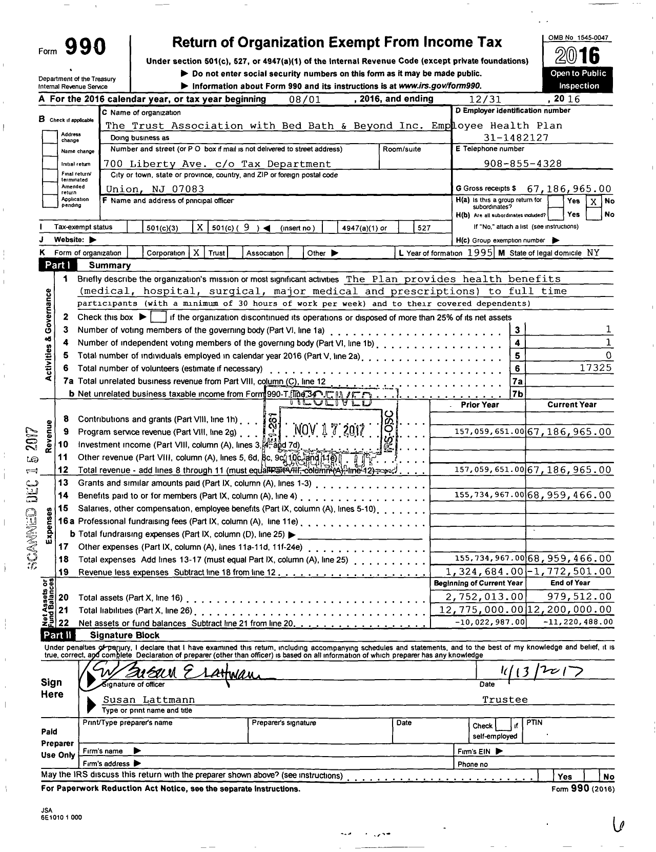 Image of first page of 2016 Form 990O for Bed Bath and Beyond Employee Health Plan