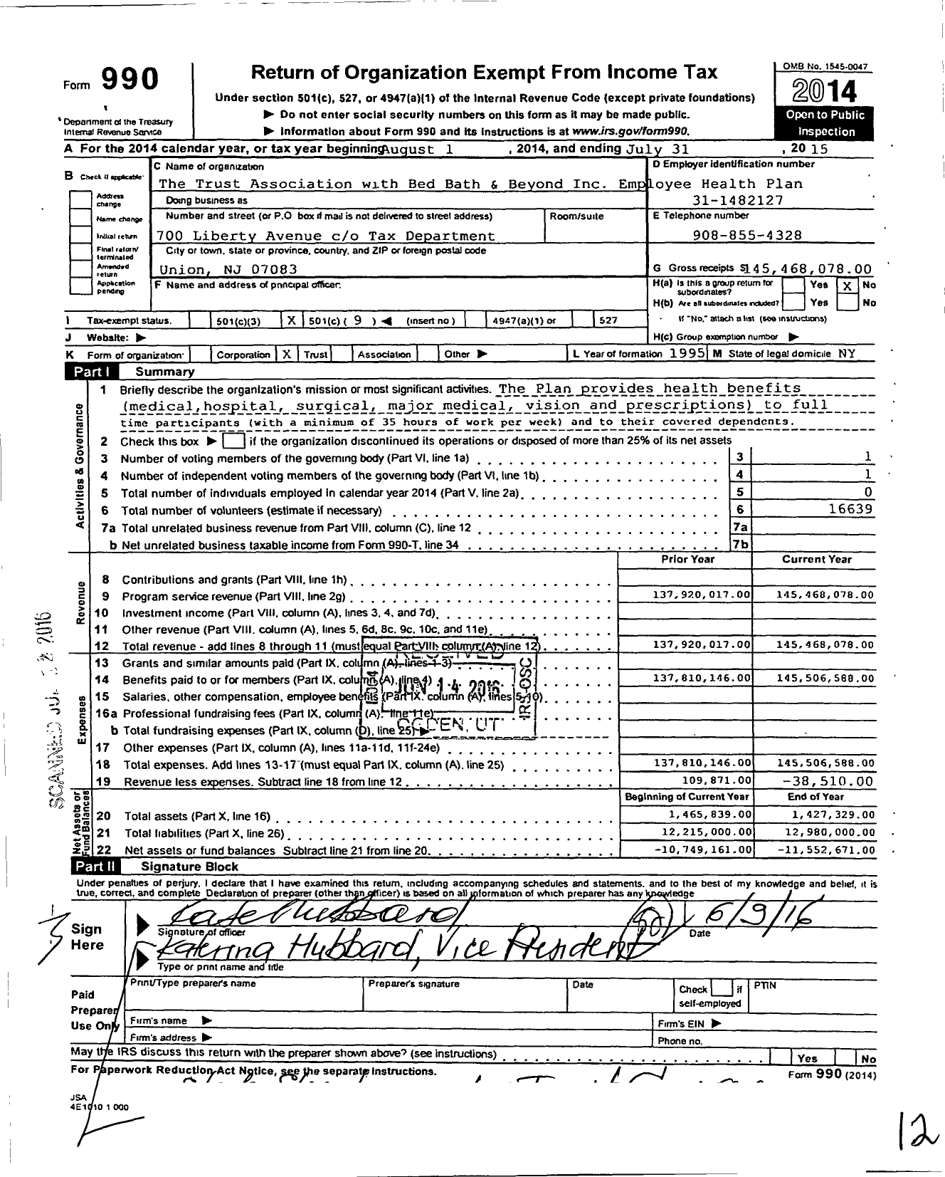 Image of first page of 2014 Form 990O for Bed Bath and Beyond Employee Health Plan