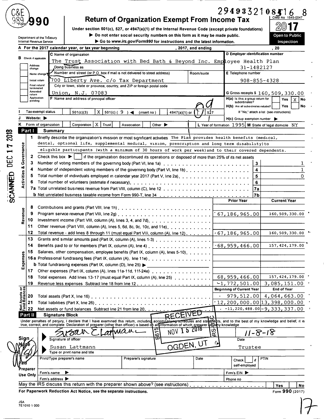 Image of first page of 2017 Form 990O for Bed Bath and Beyond Employee Health Plan