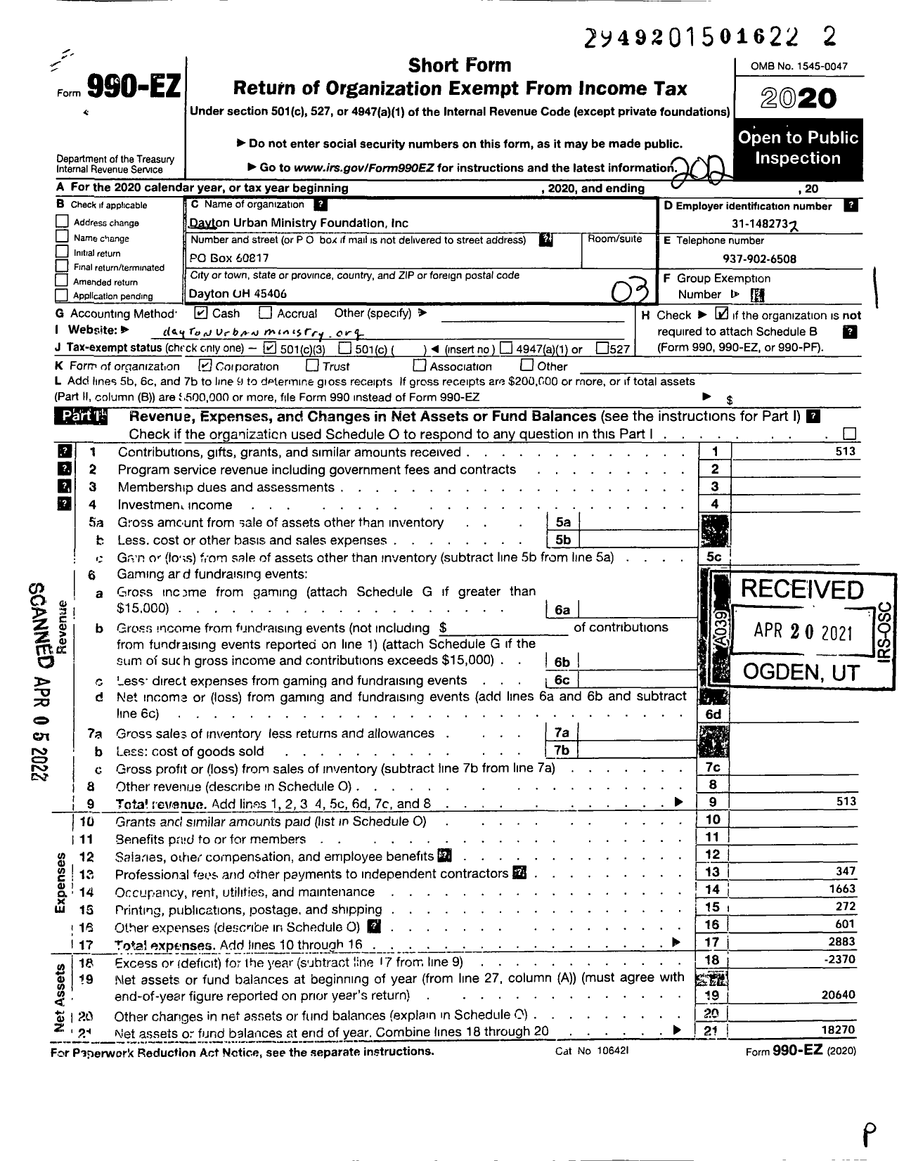 Image of first page of 2020 Form 990EZ for Dayton Urban Ministry Foundation