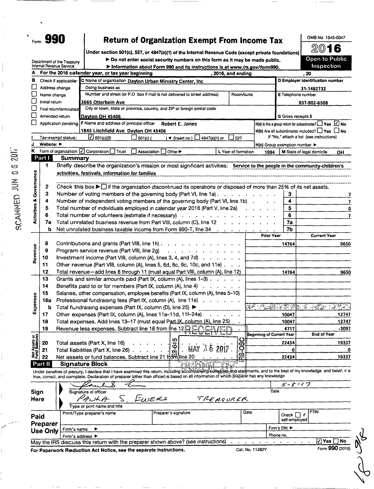 Image of first page of 2016 Form 990 for Dayton Urban Ministry Foundation