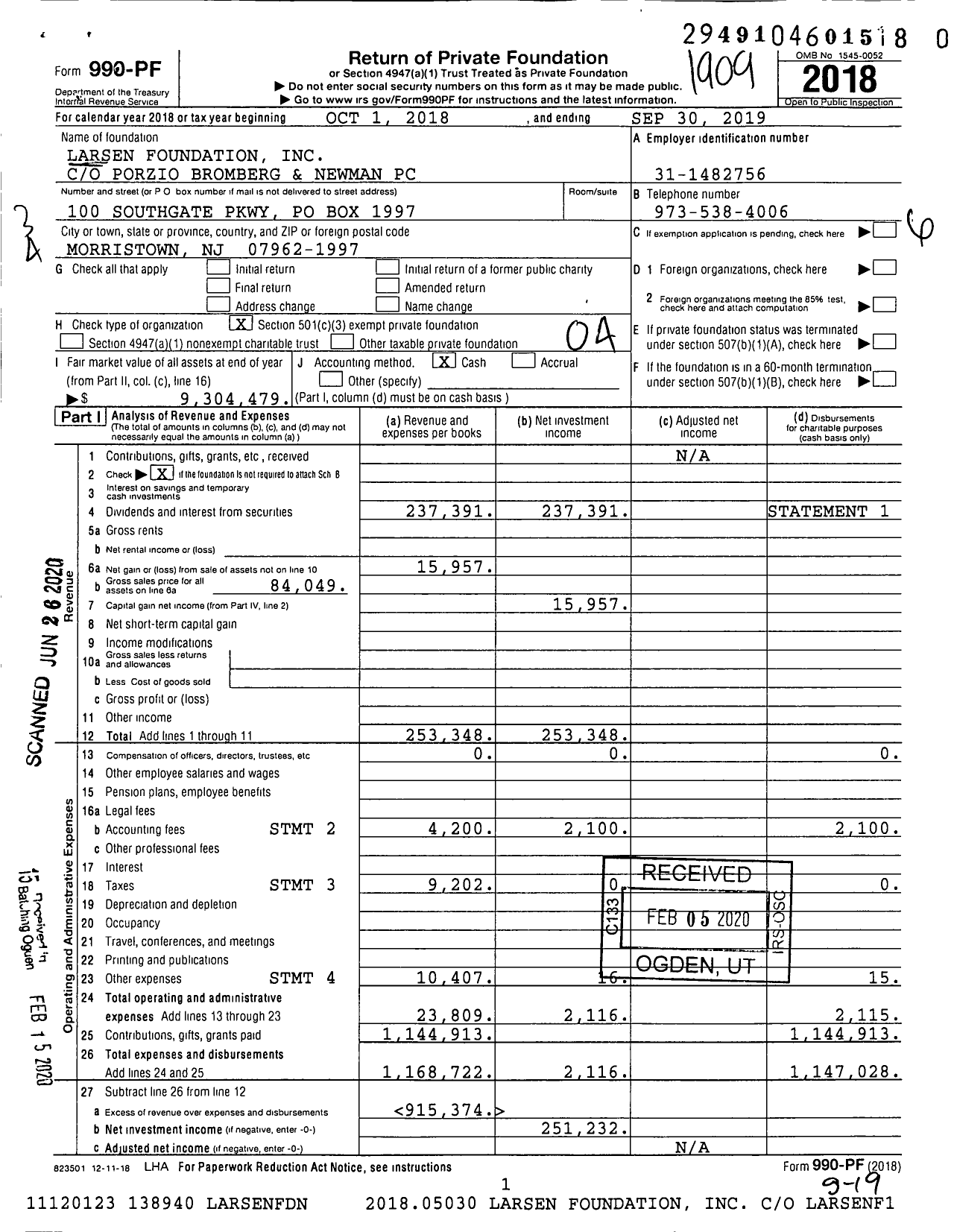 Image of first page of 2018 Form 990PR for Larsen Foundation