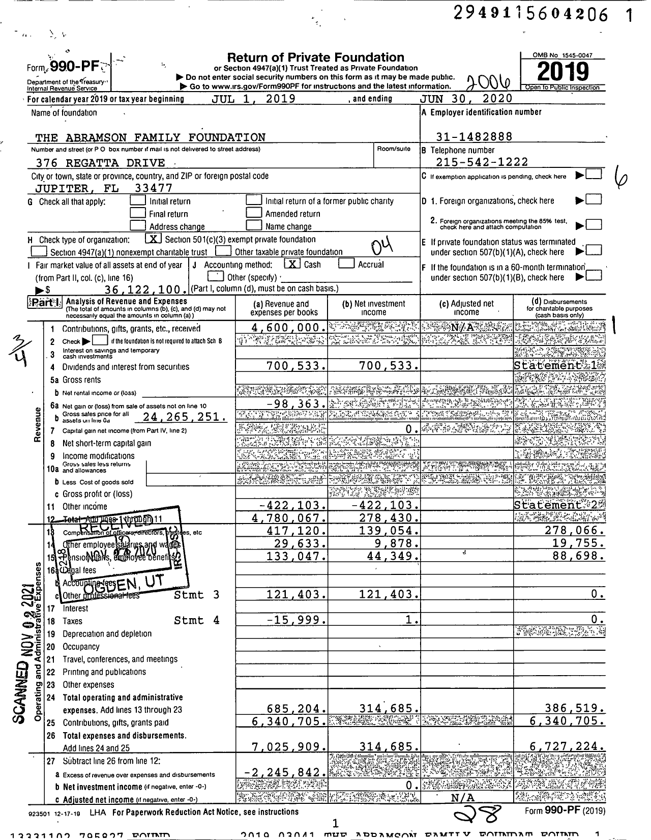 Image of first page of 2019 Form 990PF for The Abramson Family Foundation