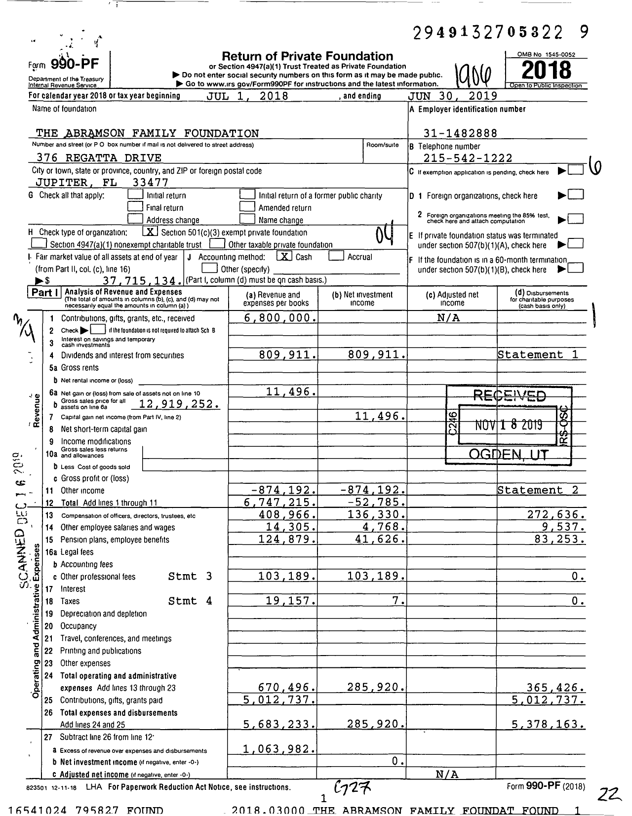 Image of first page of 2018 Form 990PF for The Abramson Family Foundation