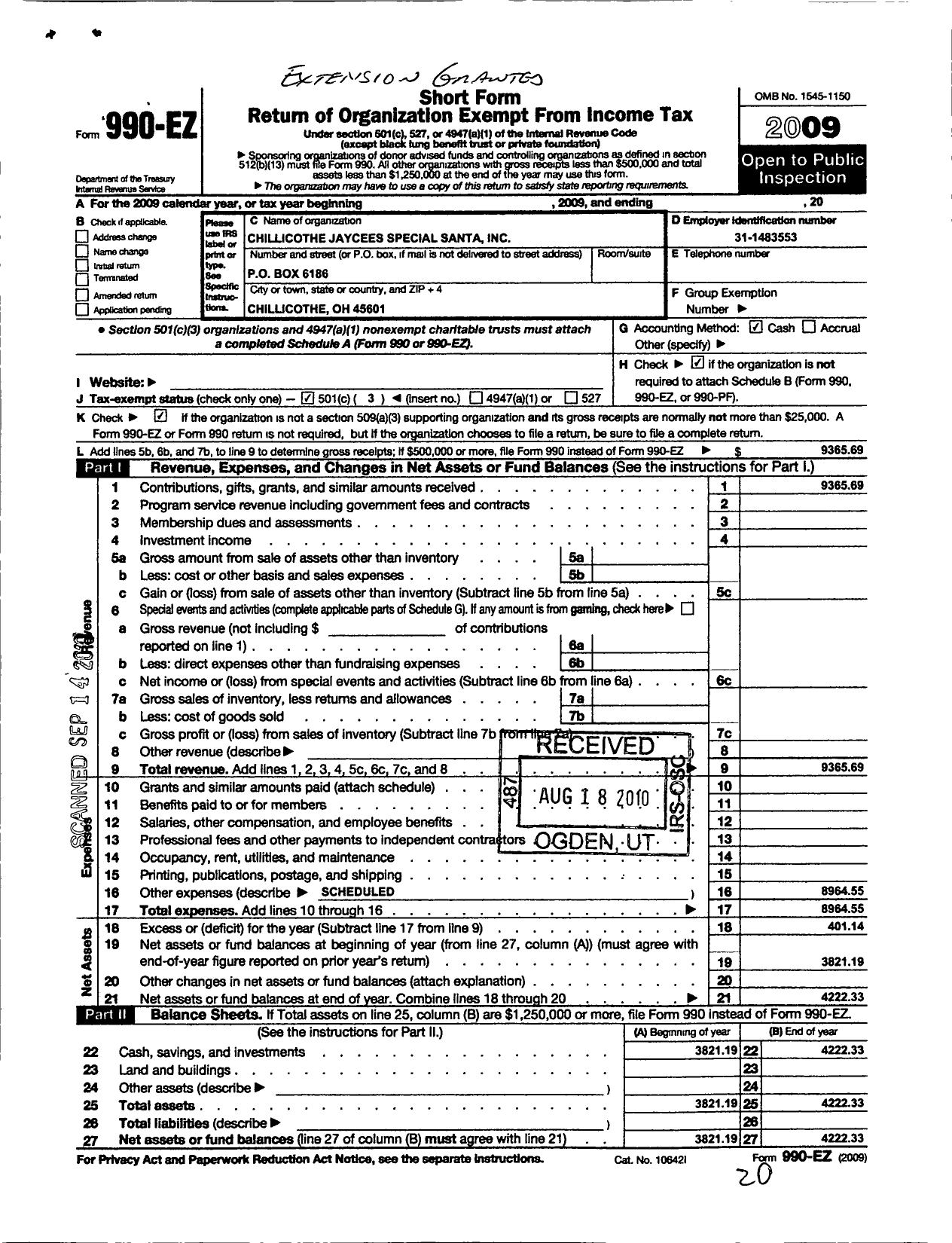 Image of first page of 2009 Form 990EZ for Chillicothe Jaycees Special Santa