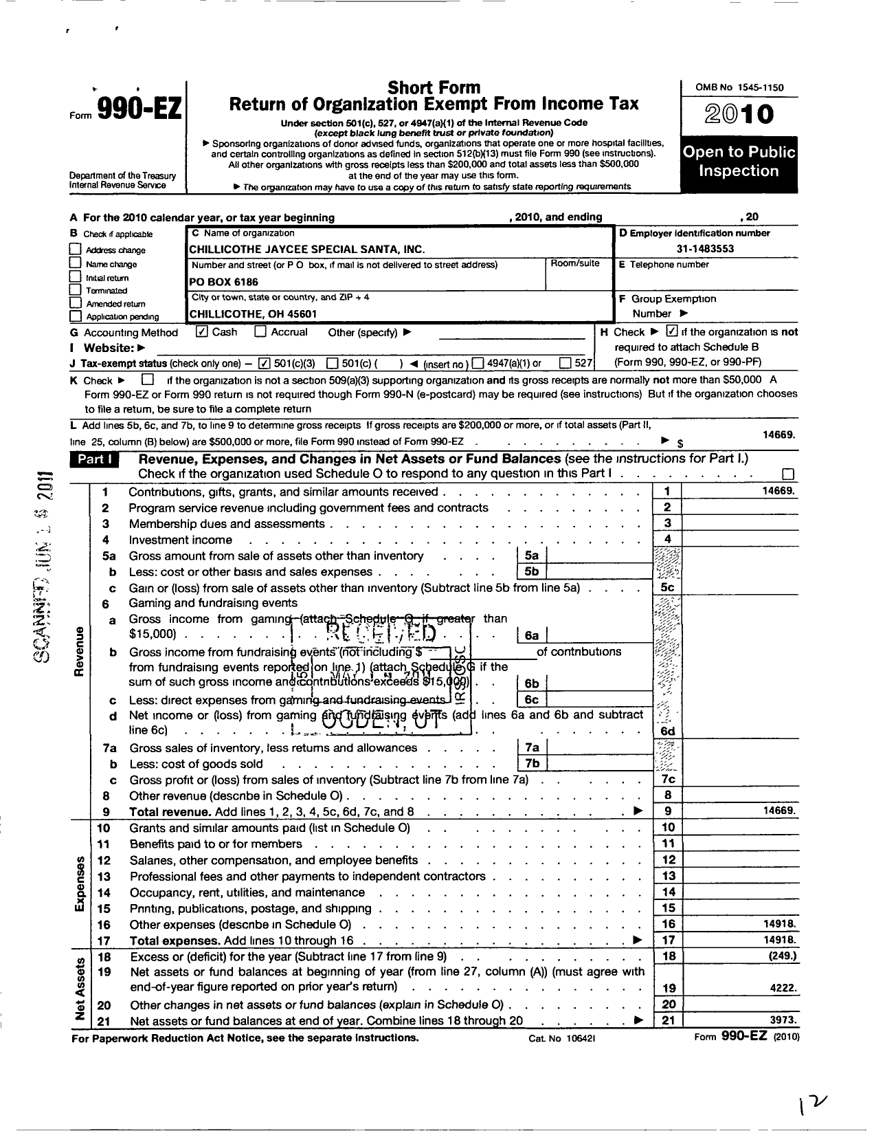 Image of first page of 2010 Form 990EZ for Chillicothe Jaycees Special Santa