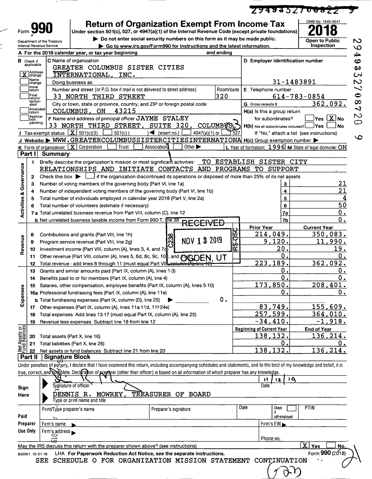 Image of first page of 2018 Form 990 for Greater Columbus Sister Cities International