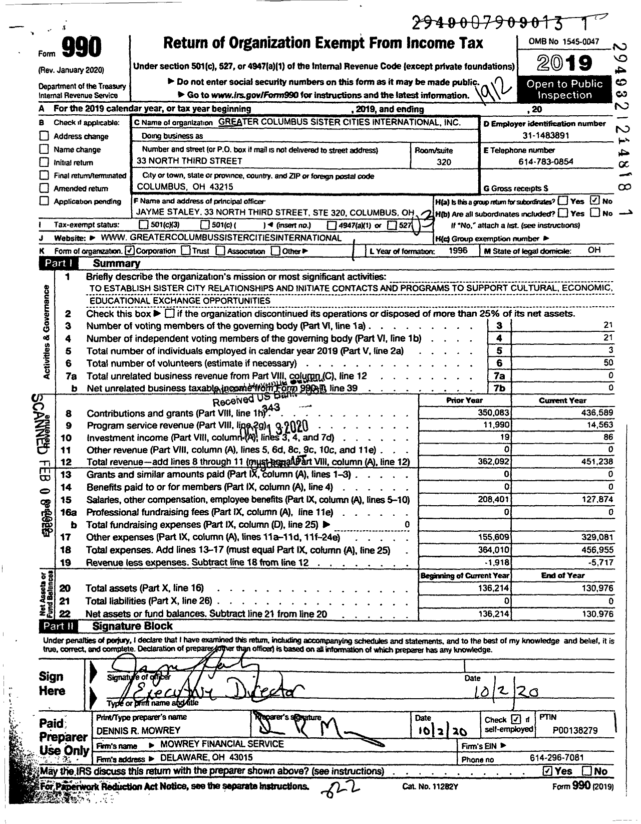 Image of first page of 2019 Form 990 for Greater Columbus Sister Cities International