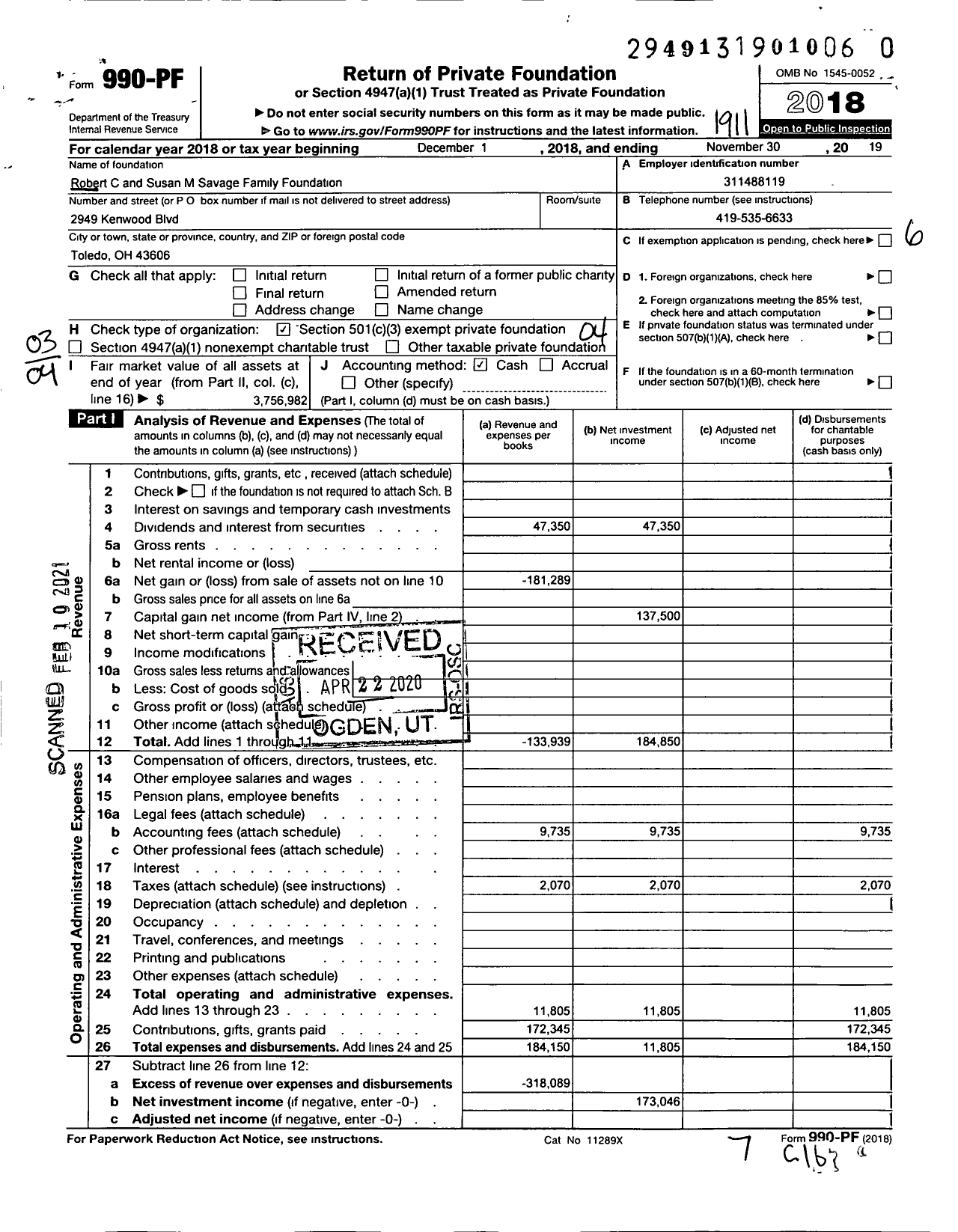 Image of first page of 2018 Form 990PF for Robert C and Susan M Savage Family Foundation