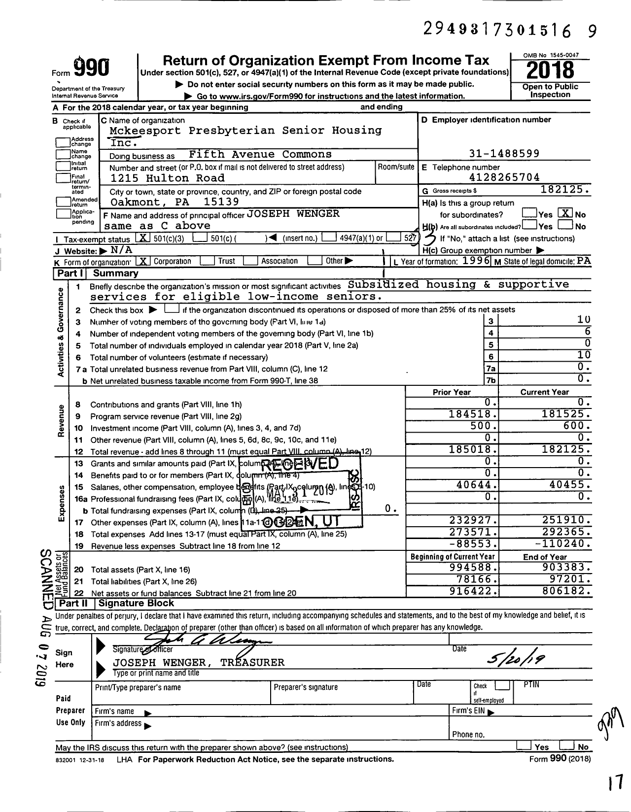 Image of first page of 2018 Form 990 for Fifth Avenue Commons