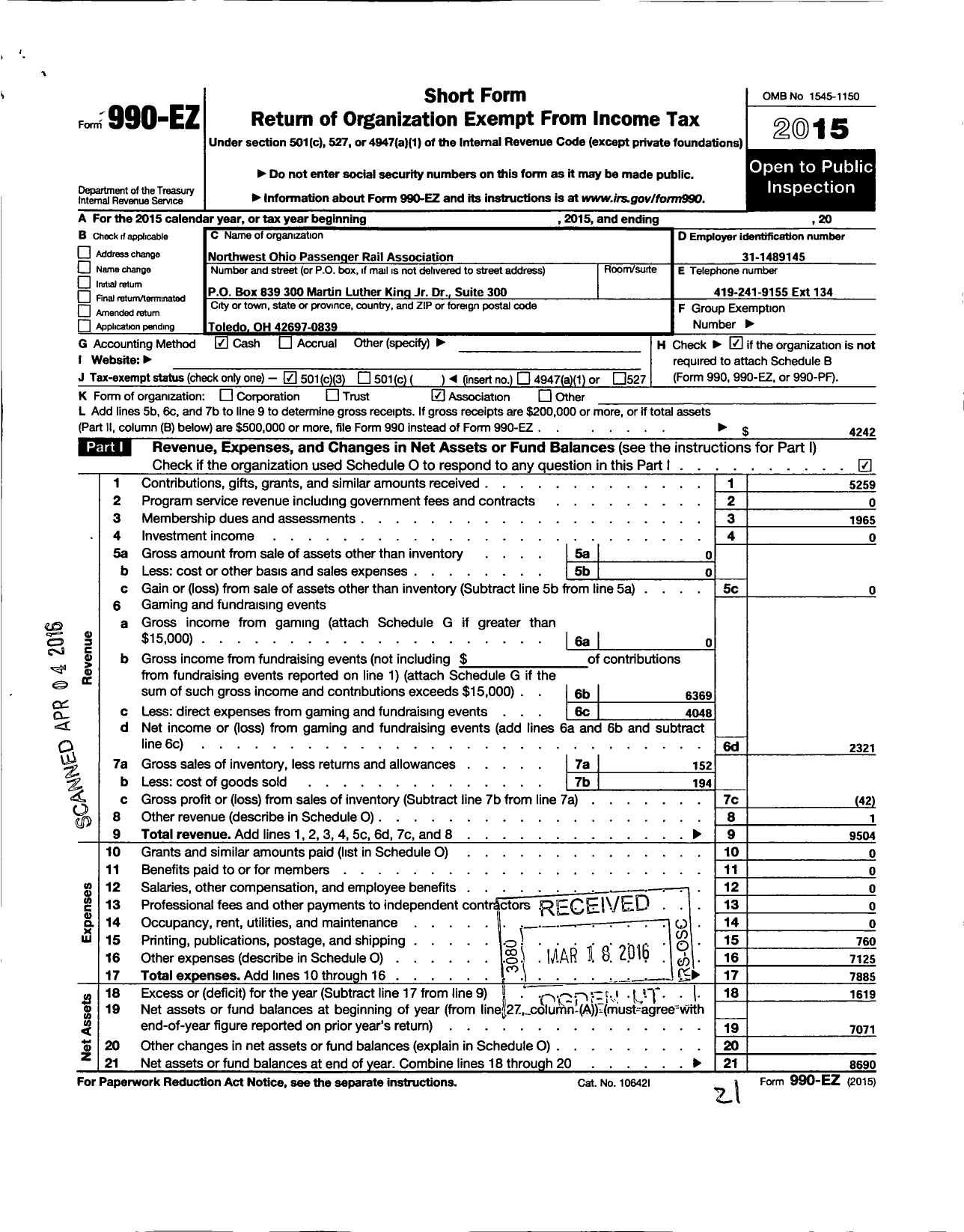 Image of first page of 2015 Form 990EZ for Northwest Ohio Passenger Rail Association