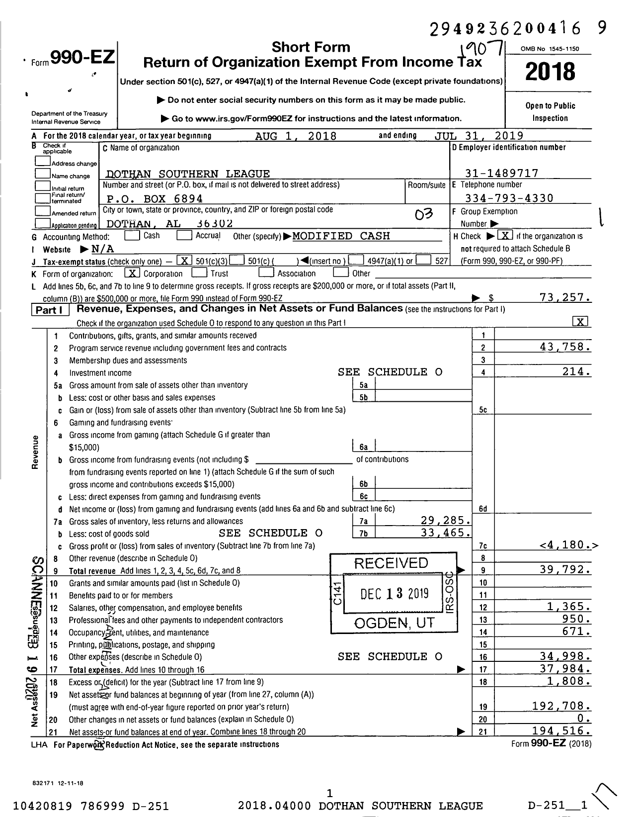 Image of first page of 2018 Form 990EZ for Dothan Southern League