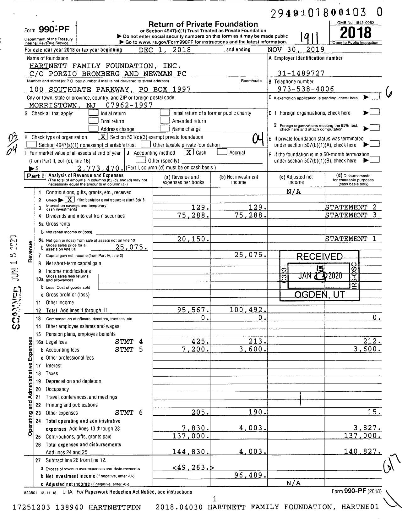 Image of first page of 2018 Form 990PR for Hartnett Family Foundation