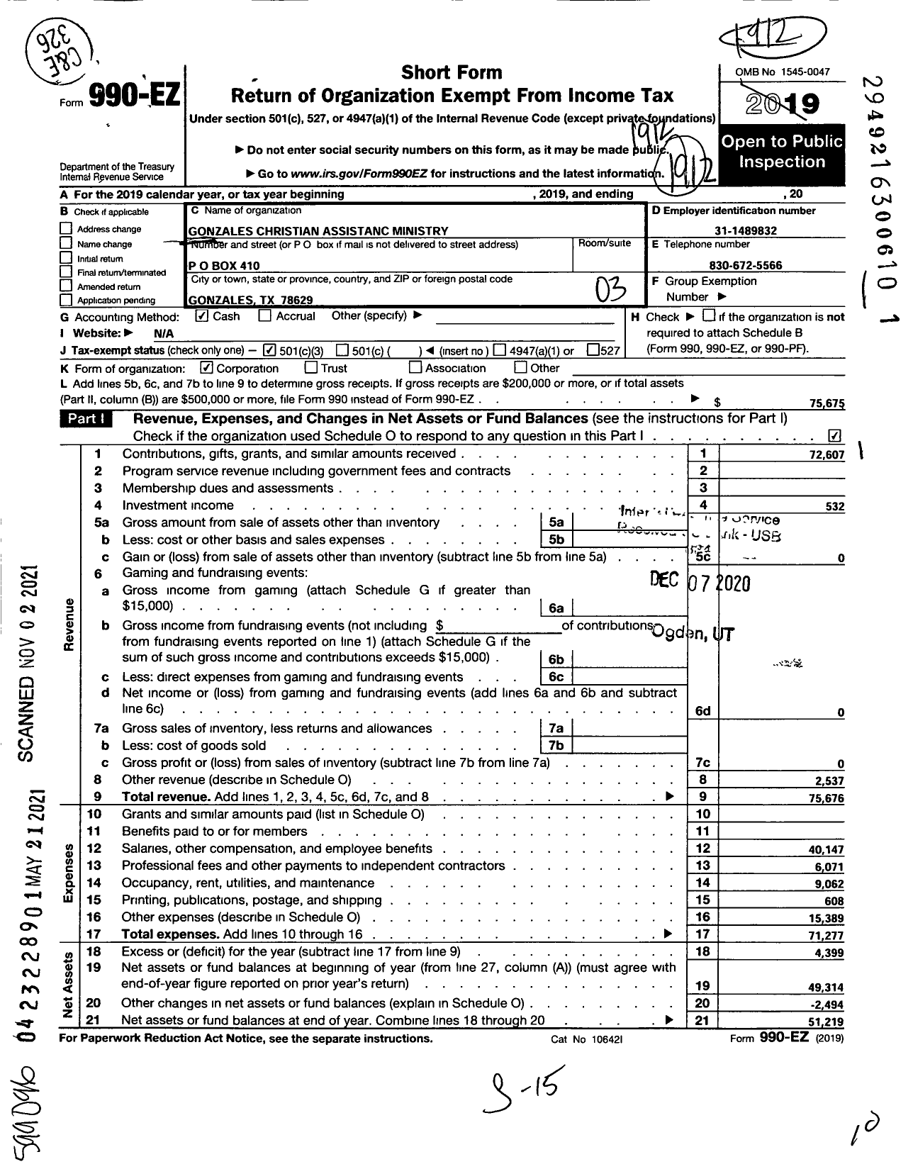 Image of first page of 2019 Form 990EZ for Gonzales Christian Assistance Ministry