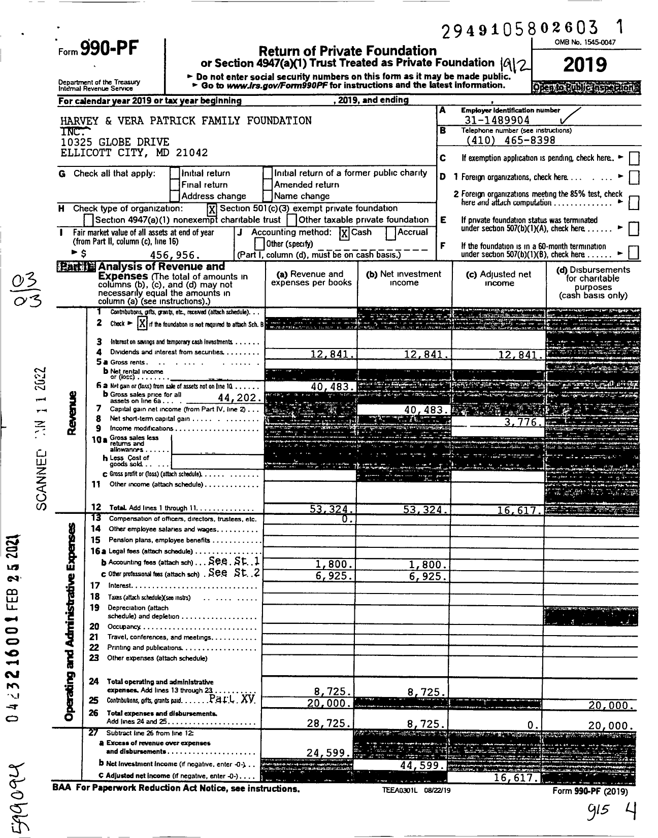 Image of first page of 2019 Form 990PF for Harvey and Vera Patrick Family Foundation