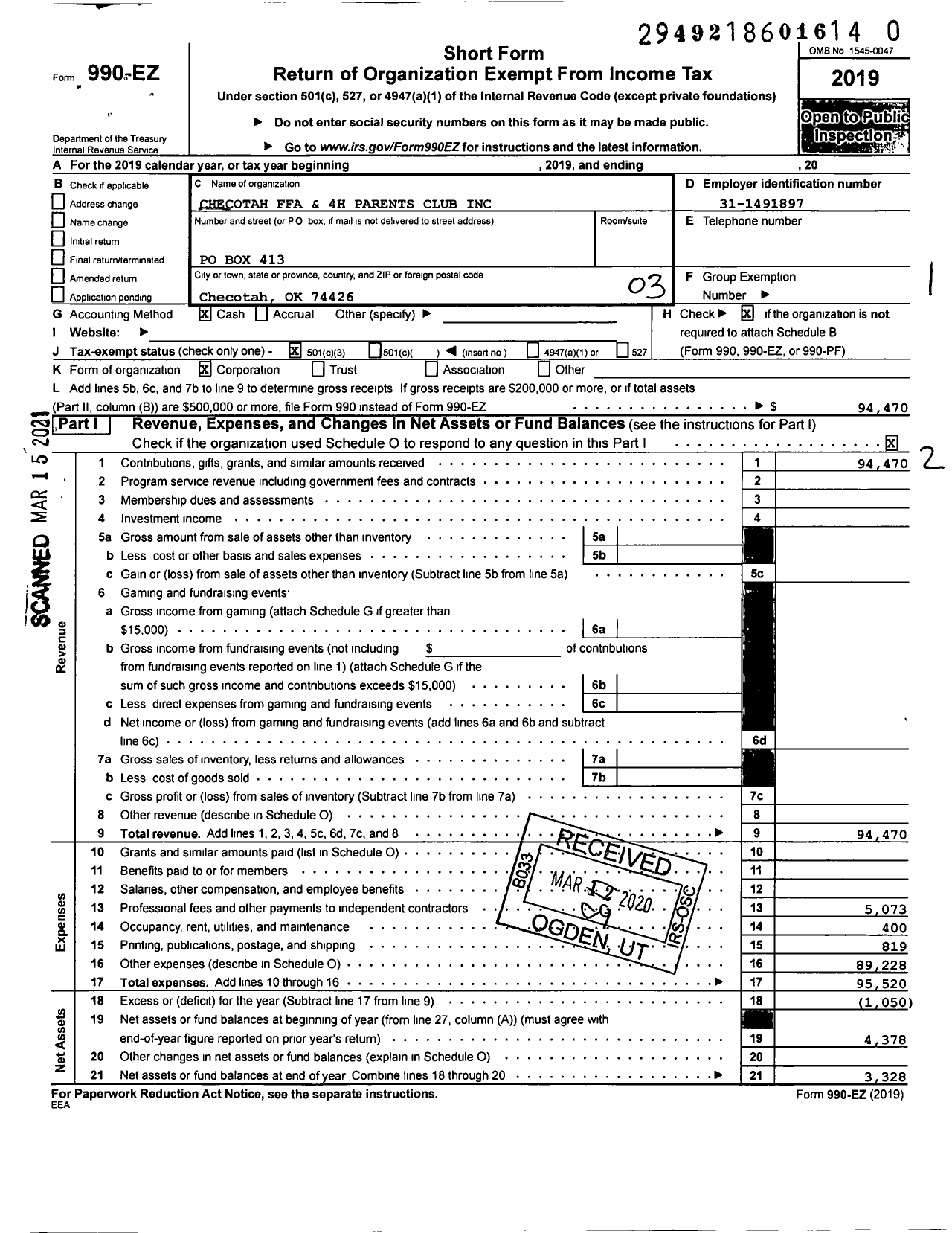 Image of first page of 2019 Form 990EZ for Checotah Ffa and 4H Parents Club