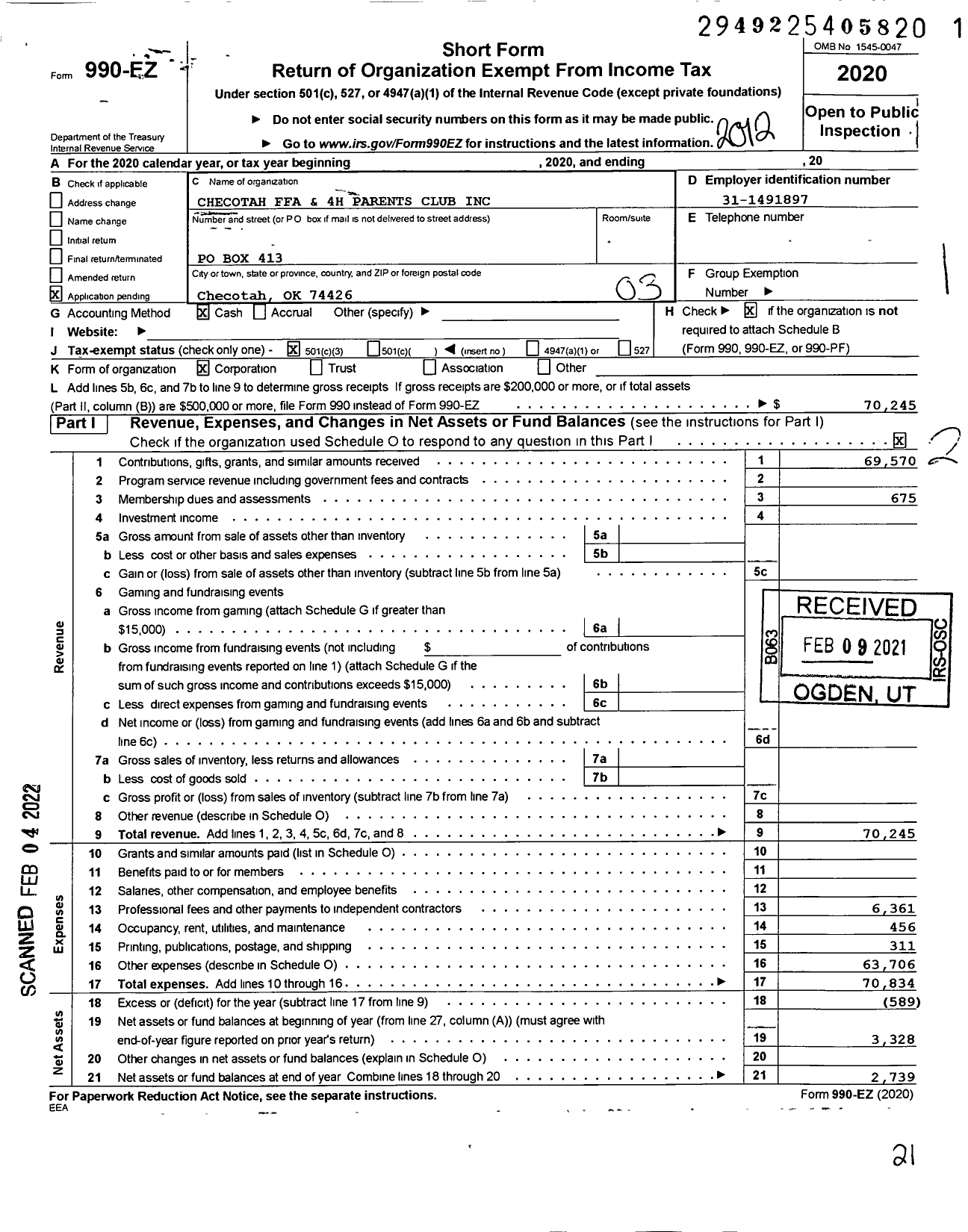 Image of first page of 2020 Form 990EZ for Checotah Ffa and 4H Parents Club