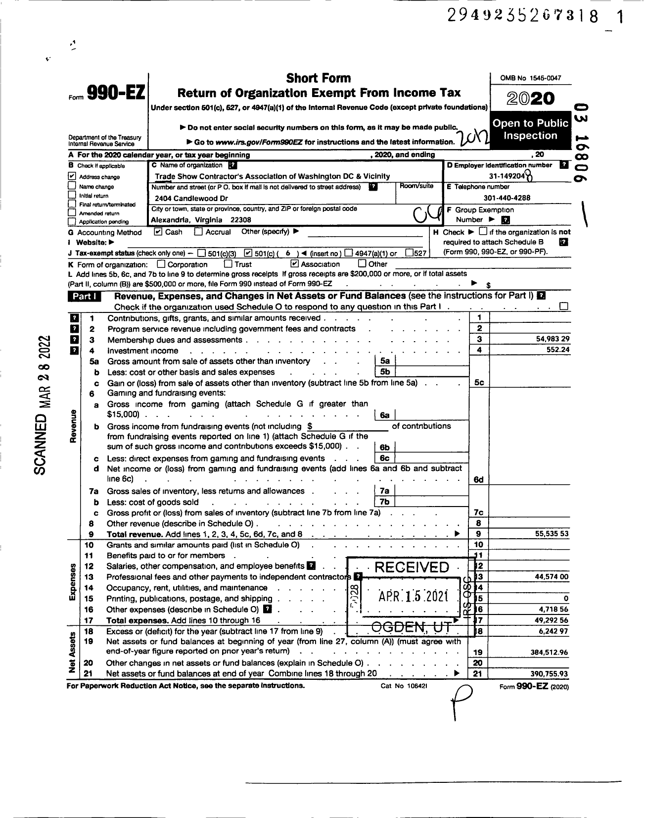 Image of first page of 2020 Form 990EO for Trade Show Contractors Assn of Washington DC and Vicinity