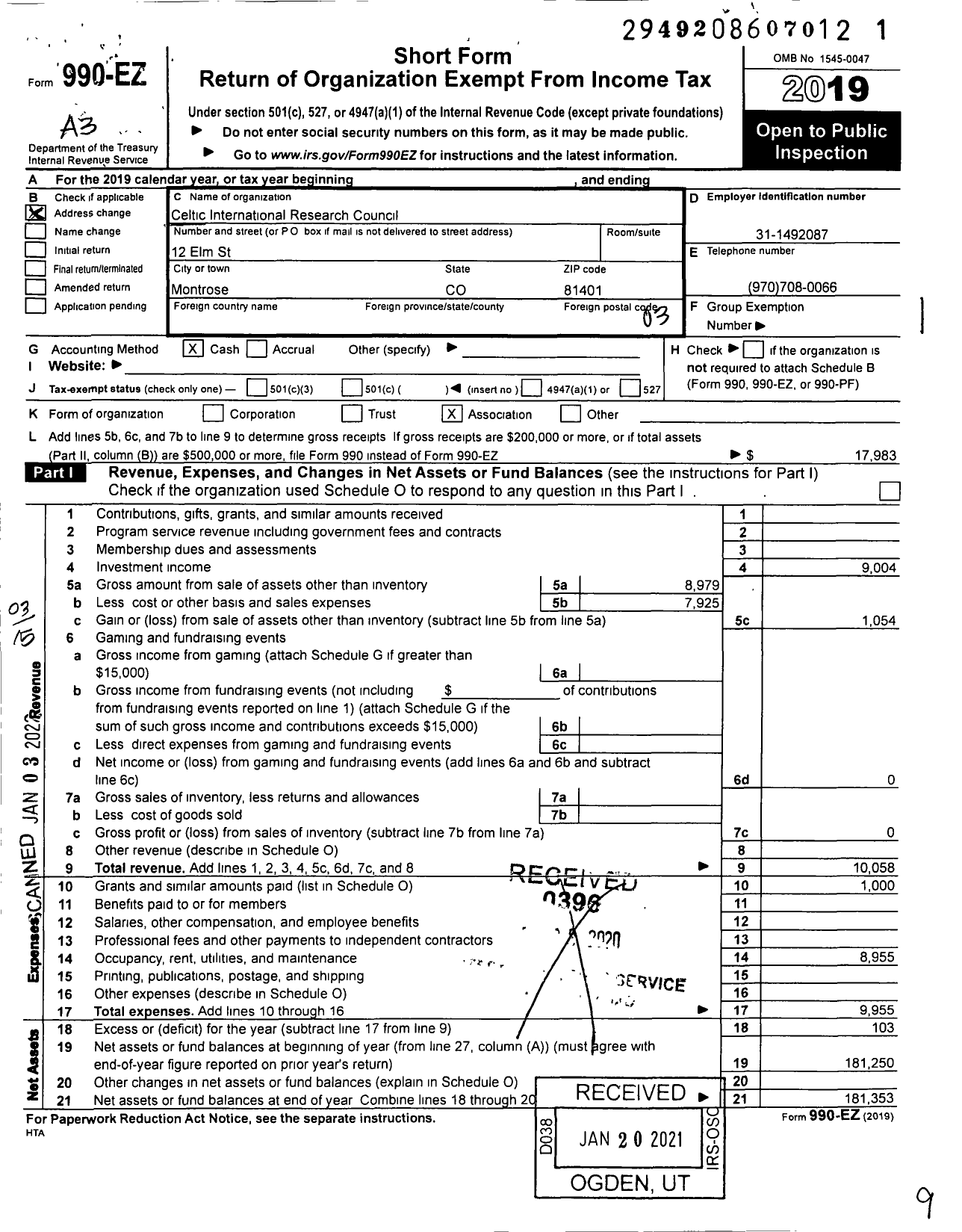 Image of first page of 2019 Form 990EZ for Celtic International Research Council