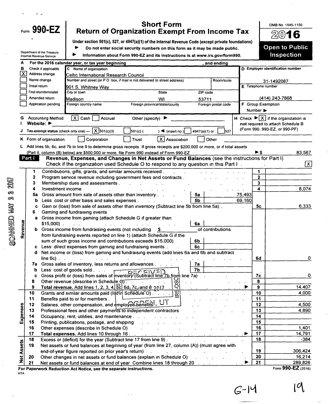 Image of first page of 2016 Form 990EZ for Celtic International Research Council