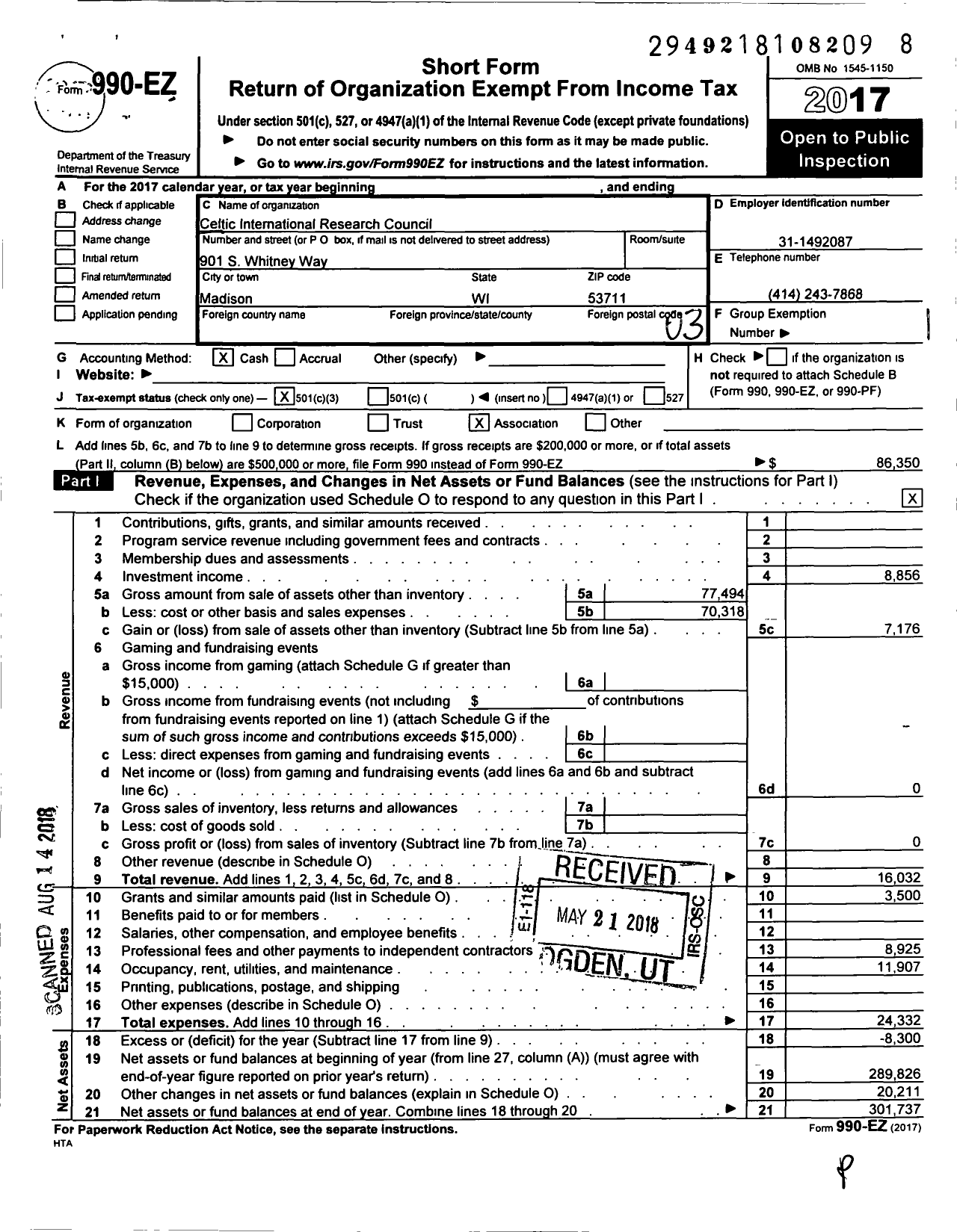 Image of first page of 2017 Form 990EZ for Celtic International Research Council