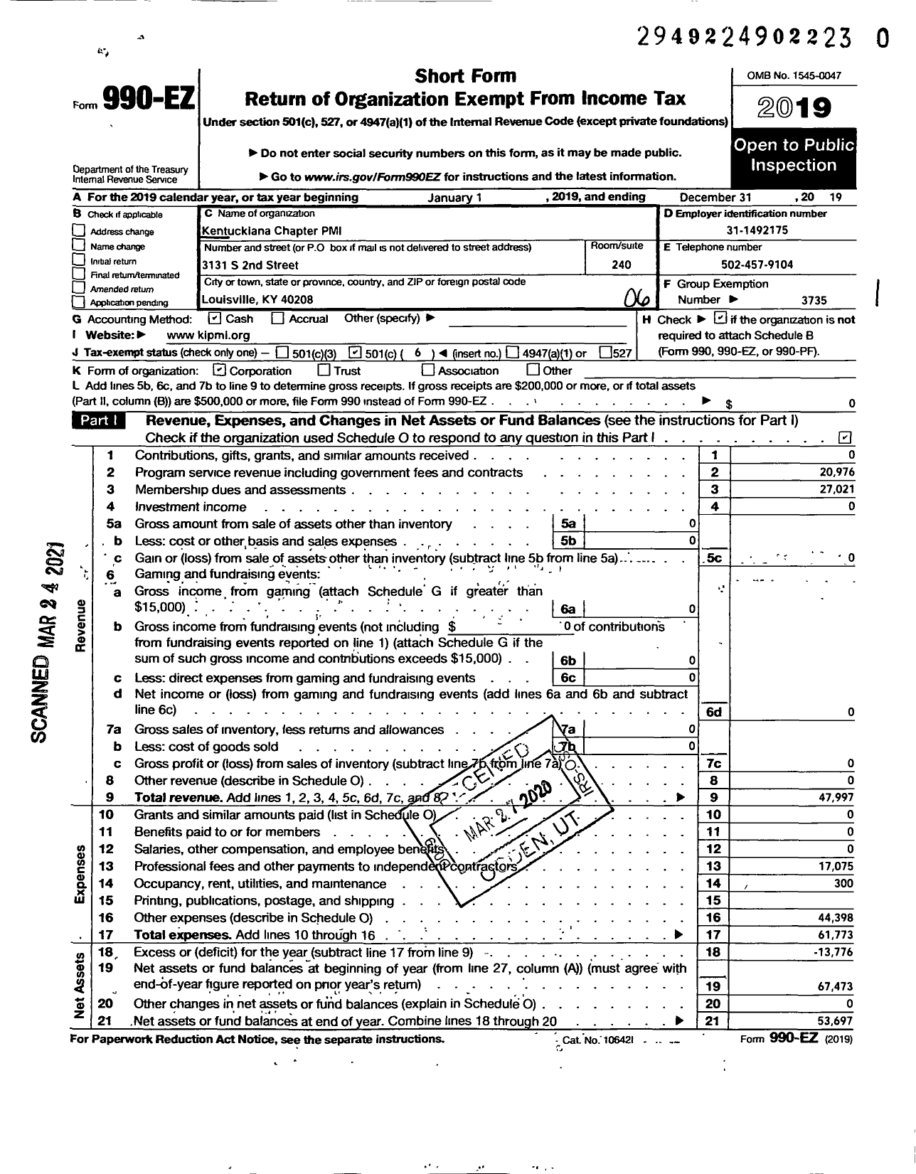 Image of first page of 2019 Form 990EO for Project Management Institute / Kentuckiana Chapter