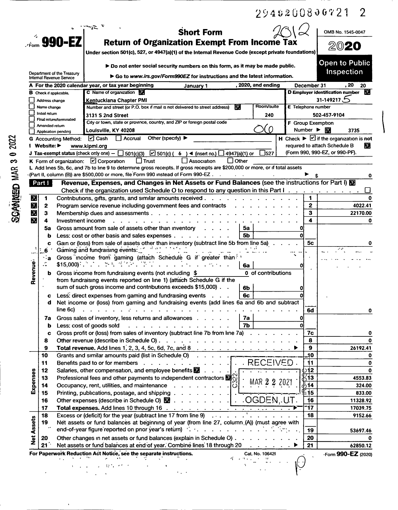 Image of first page of 2020 Form 990EO for Project Management Institute / Kentuckiana Chapter