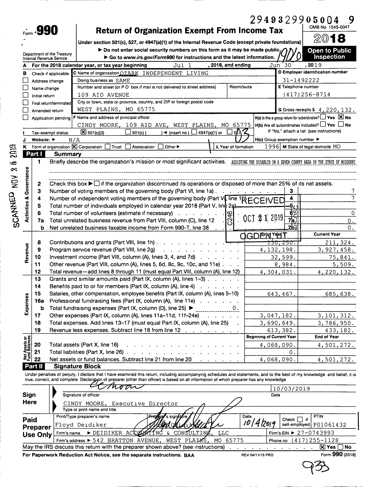 Image of first page of 2018 Form 990 for Ozark Independent Living (OIL)