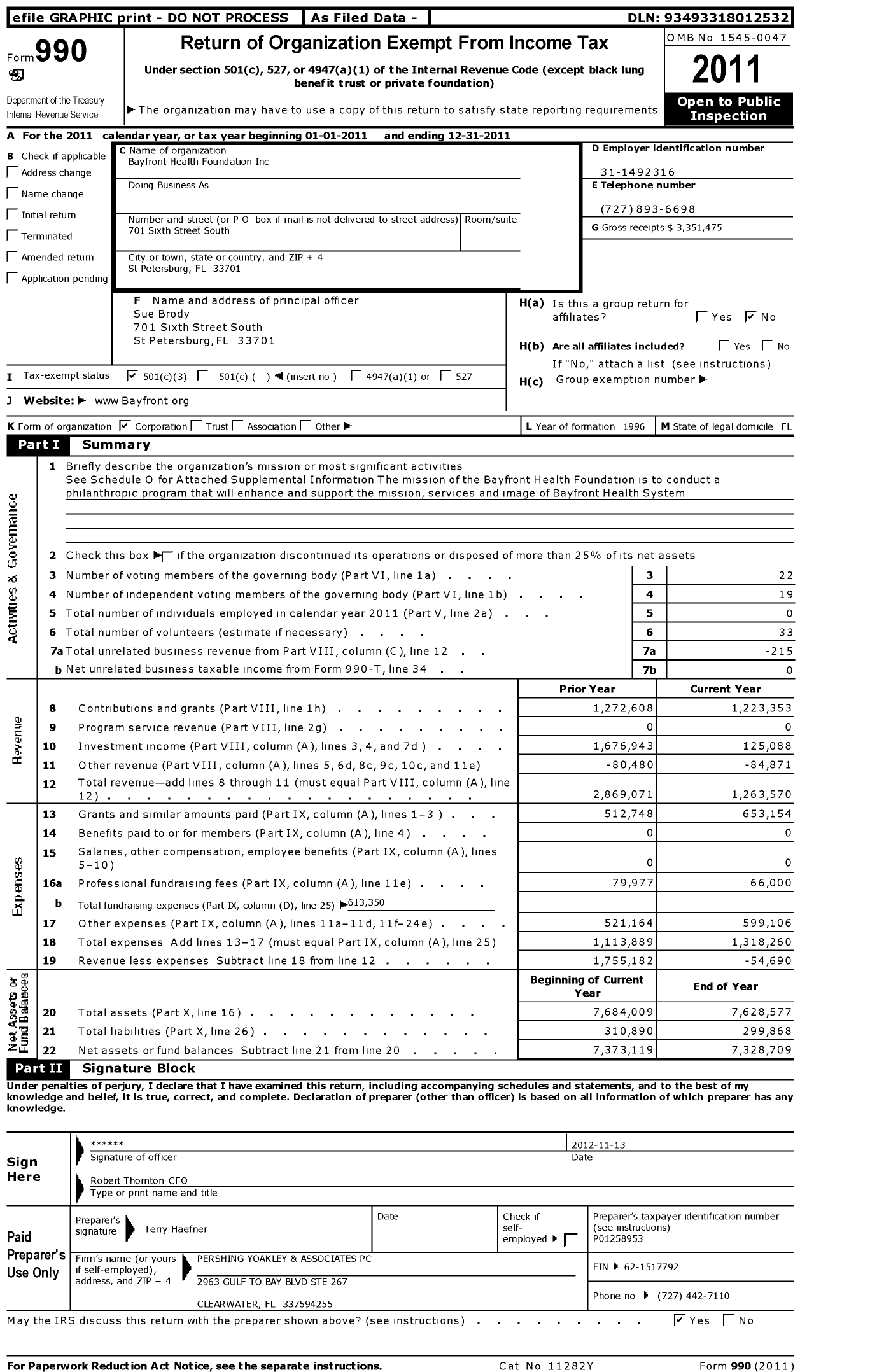 Image of first page of 2011 Form 990 for Bayfront Health Foundation