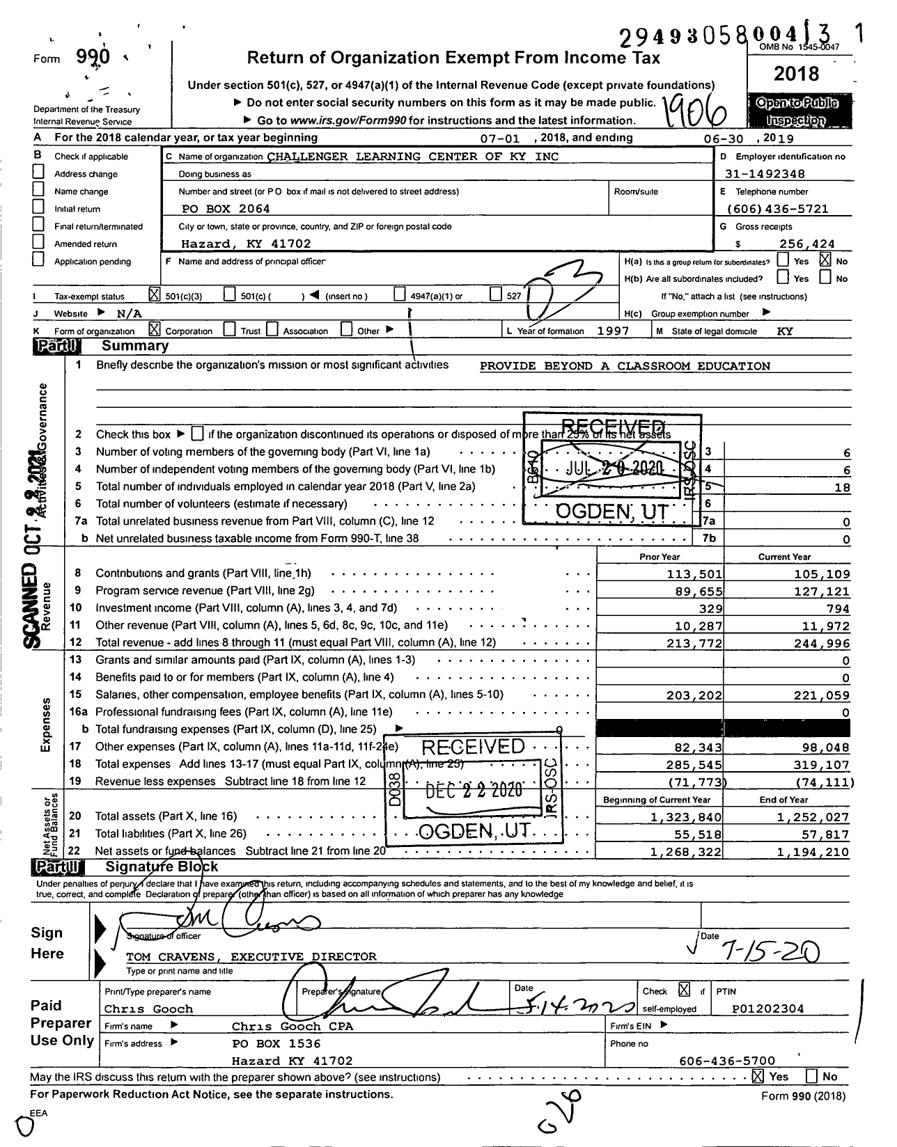 Image of first page of 2018 Form 990 for Challenger Learning Center of Kentucky