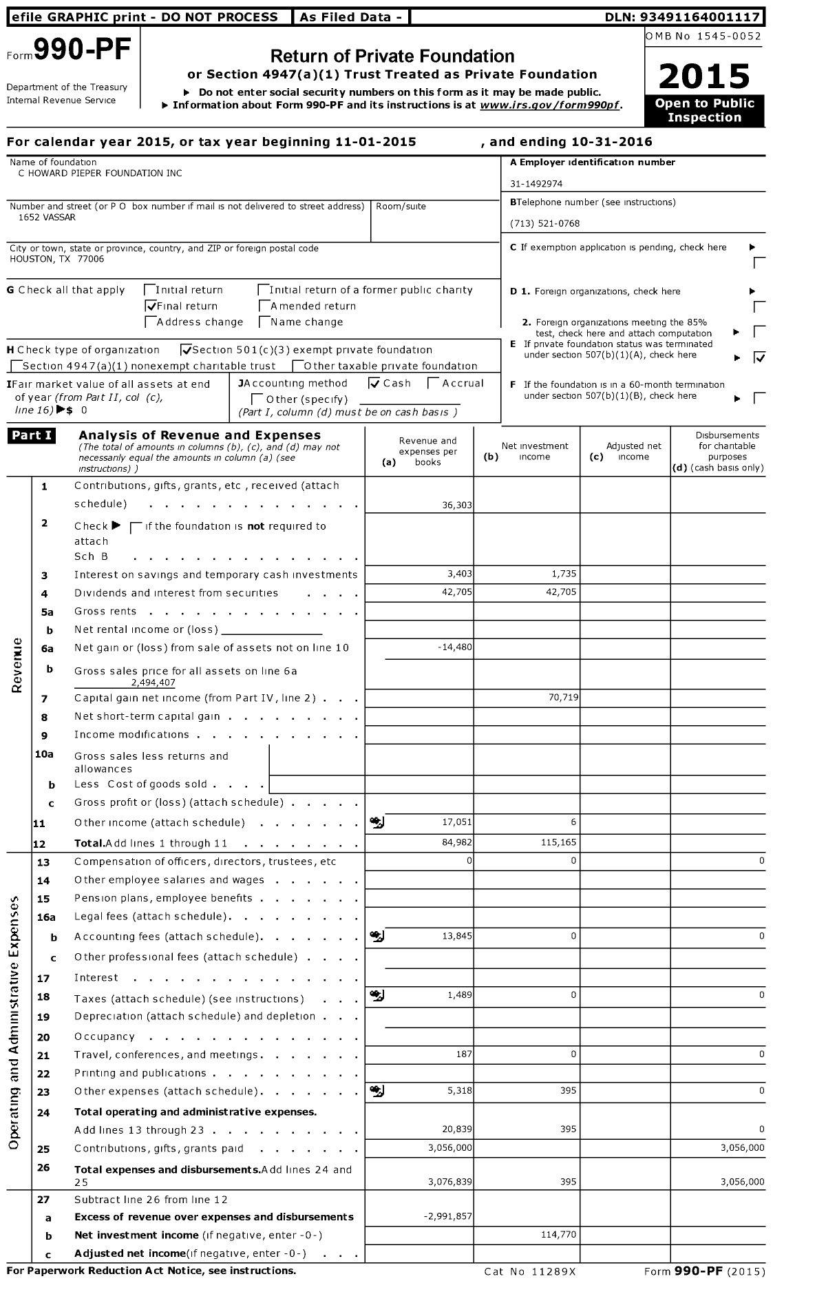 Image of first page of 2015 Form 990PF for C Howard Pieper Foundation