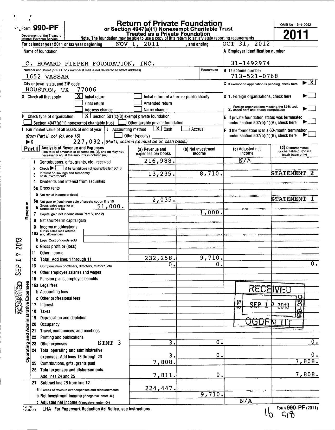 Image of first page of 2011 Form 990PF for C Howard Pieper Foundation