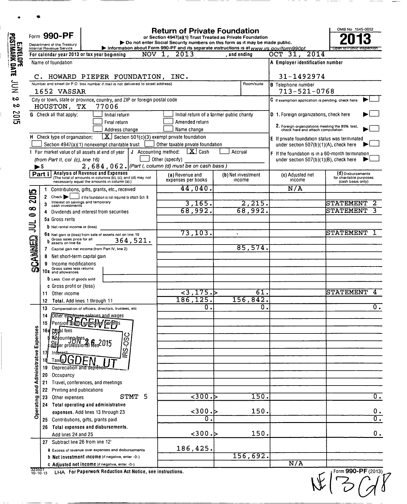 Image of first page of 2013 Form 990PF for C Howard Pieper Foundation