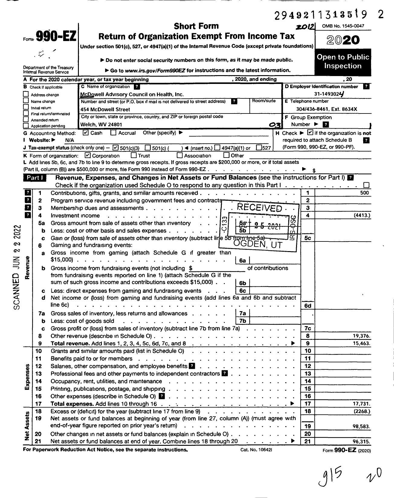 Image of first page of 2020 Form 990EZ for Mcdowell Advisory Council on Health