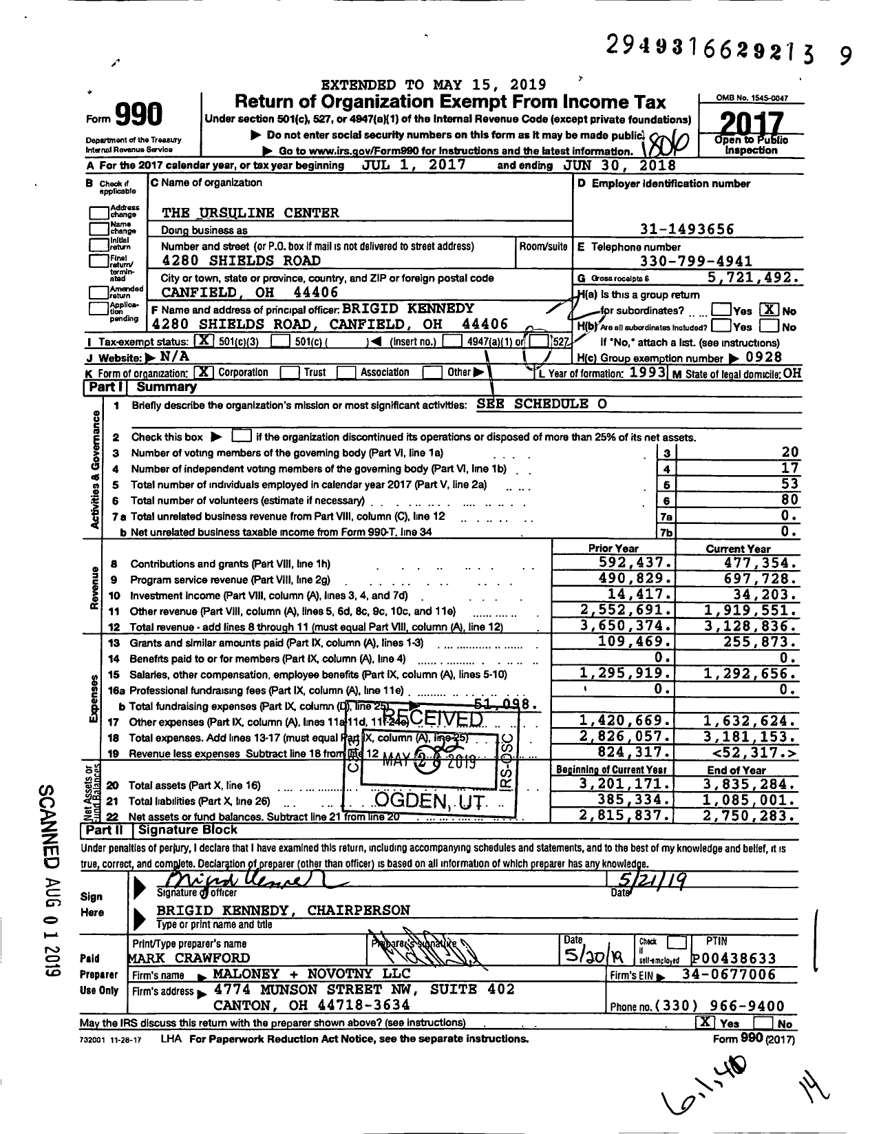 Image of first page of 2017 Form 990 for The Ursuline Center