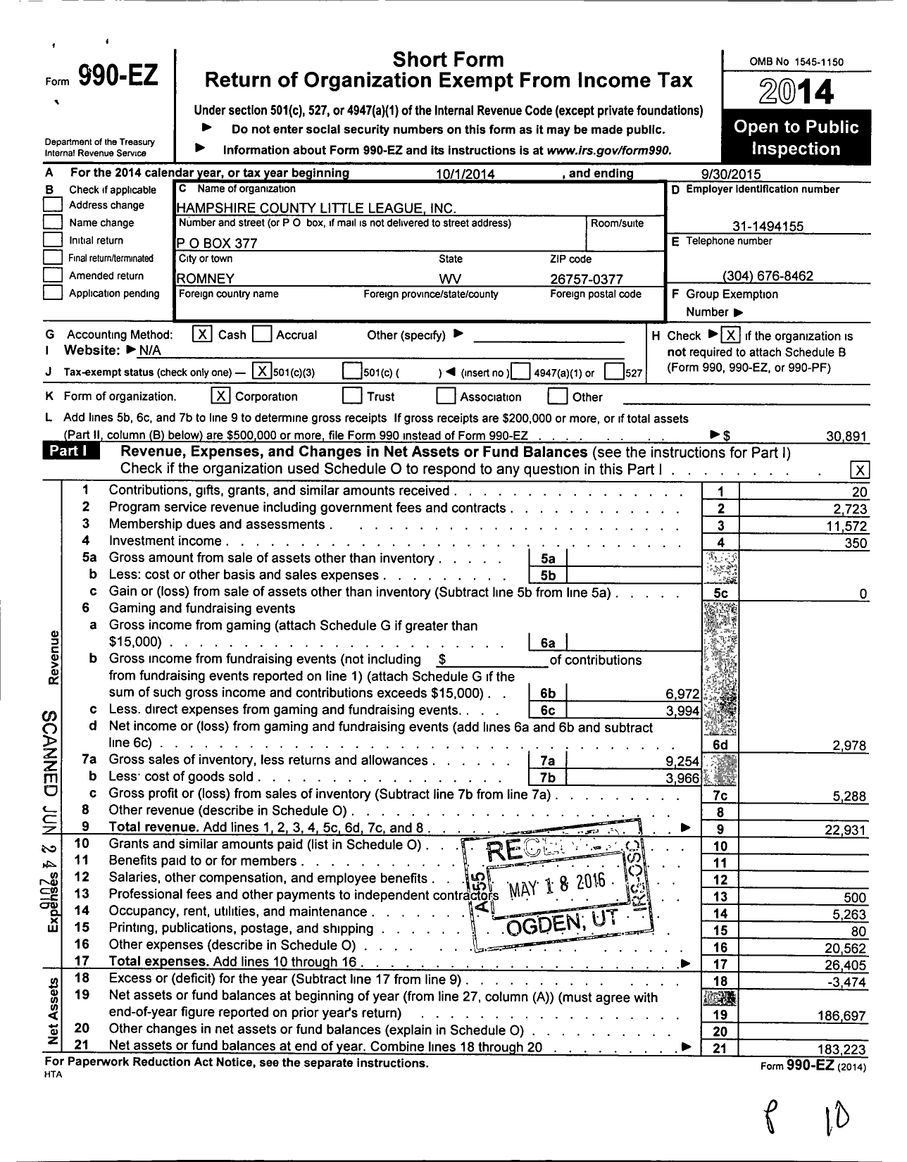 Image of first page of 2014 Form 990EZ for Little League Baseball - 3480615 Hampshire County LL