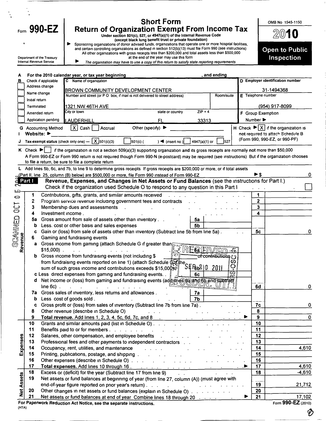 Image of first page of 2010 Form 990EZ for Browns Community Development Center