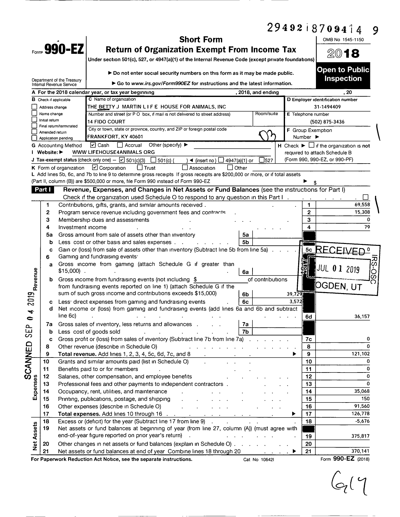Image of first page of 2018 Form 990EZ for The Betty J Martin Life House for Animals