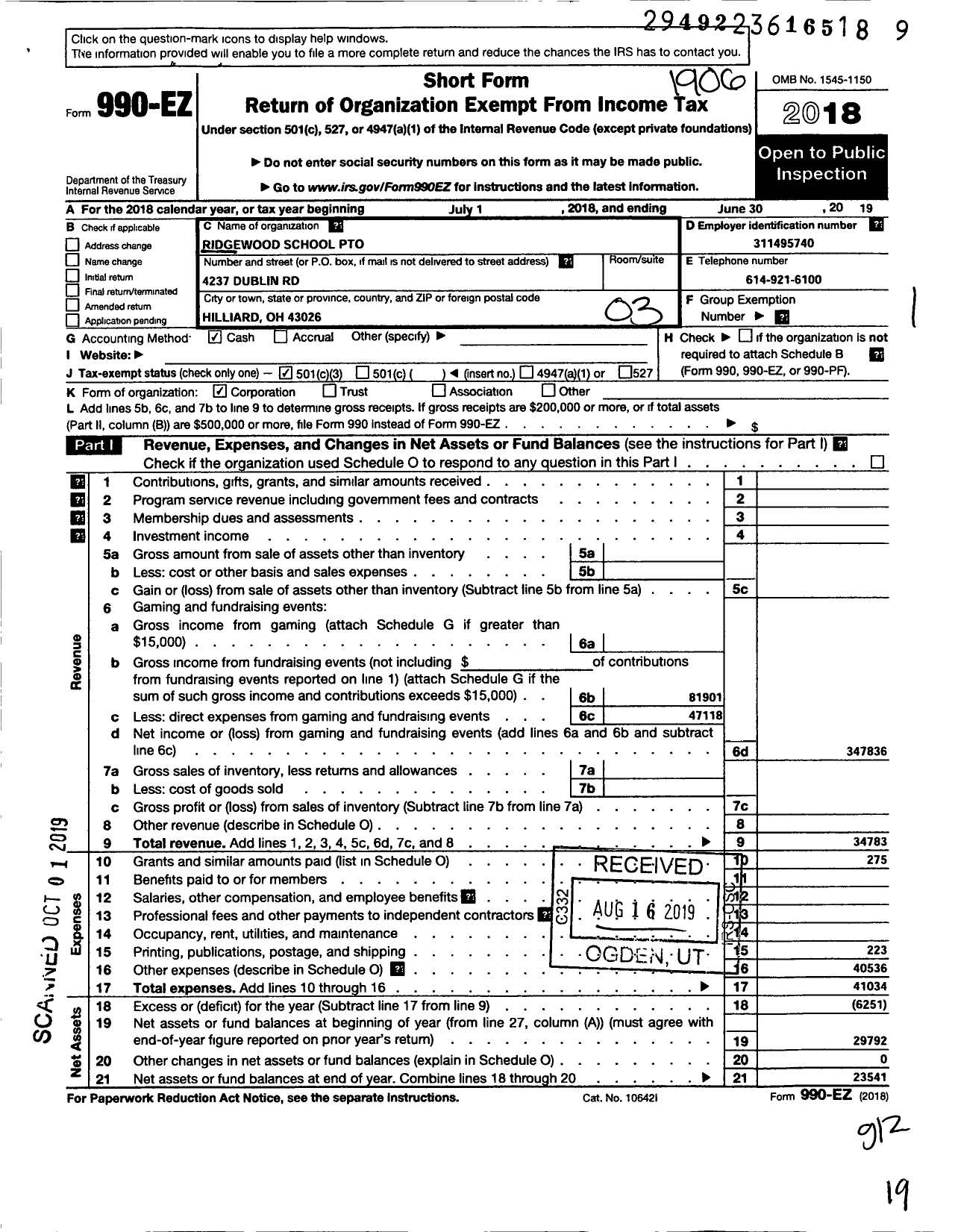 Image of first page of 2018 Form 990EZ for Ridgewood School Pto