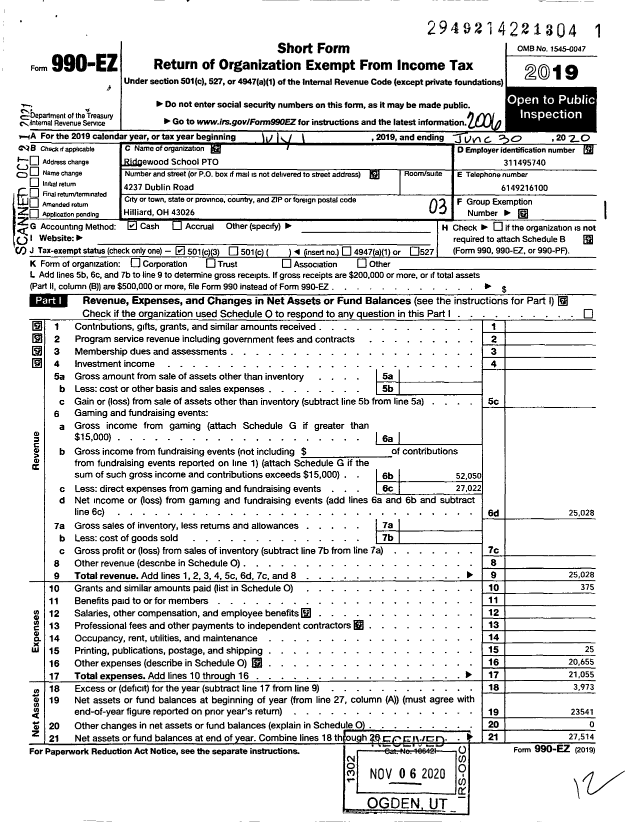 Image of first page of 2019 Form 990EZ for Ridgewood School Pto