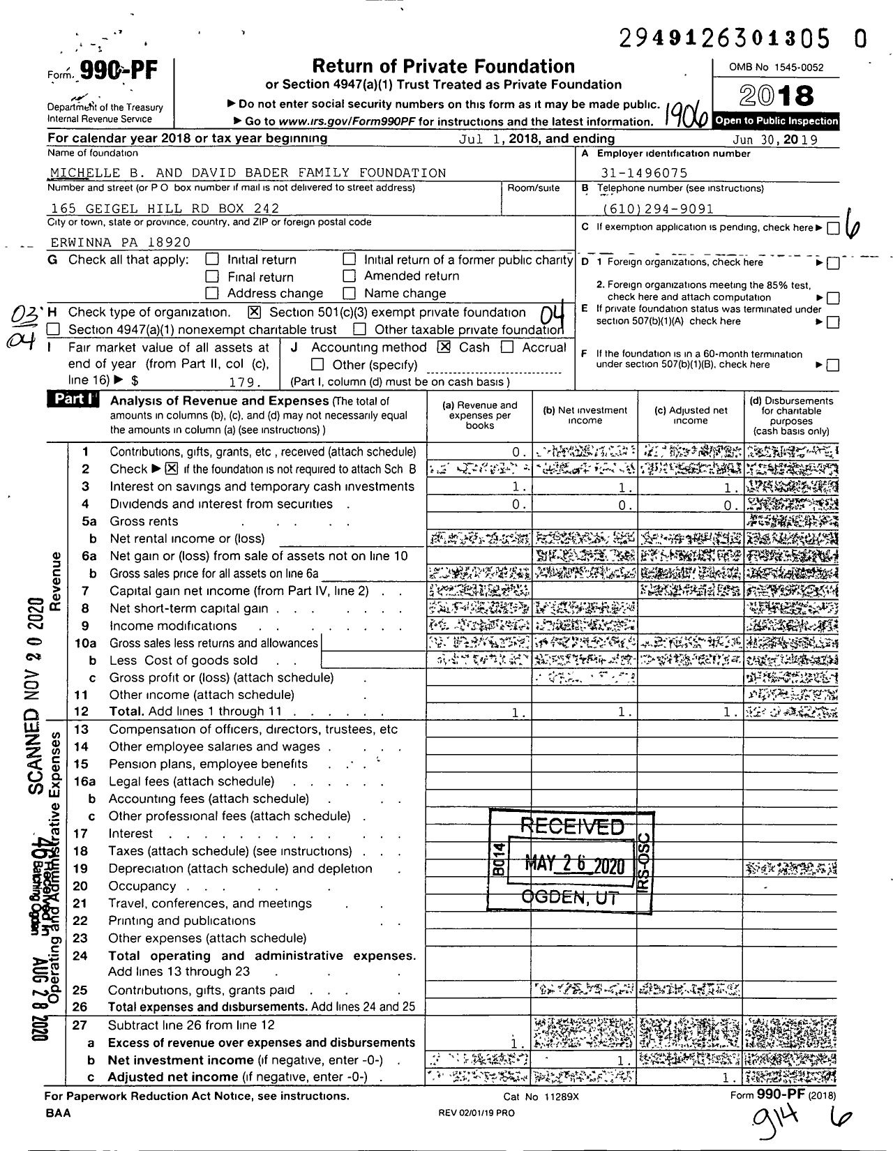 Image of first page of 2018 Form 990PF for Michelle B and David Bader Family