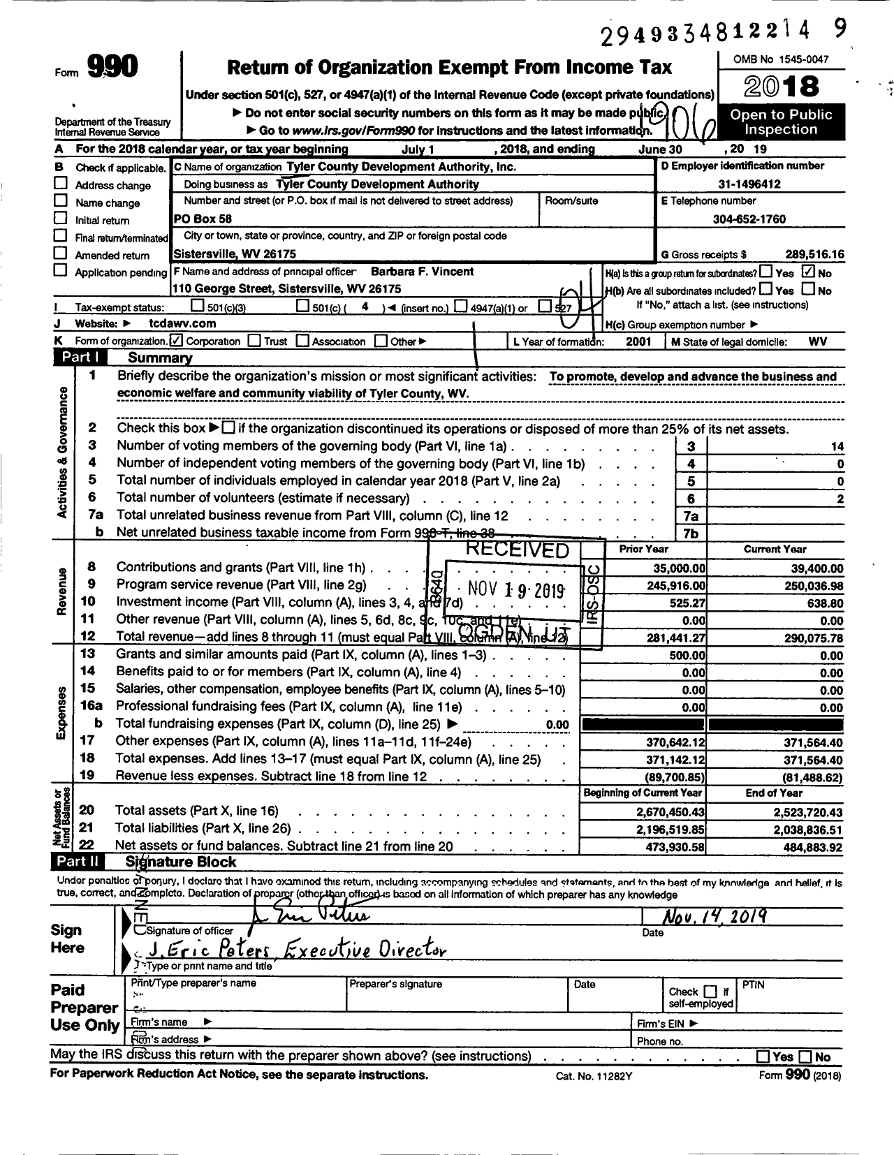 Image of first page of 2018 Form 990O for Tyler County Development Authority