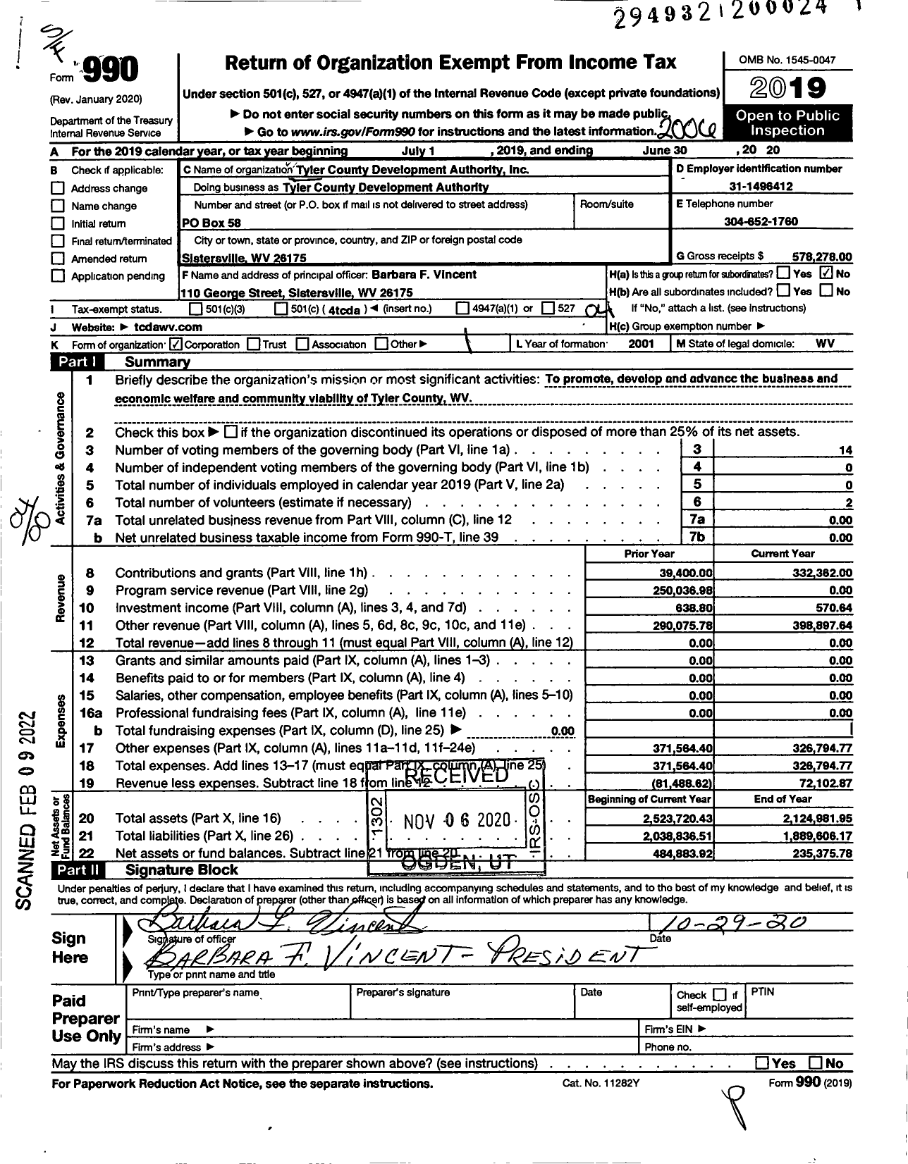 Image of first page of 2019 Form 990O for Tyler County Development Authority