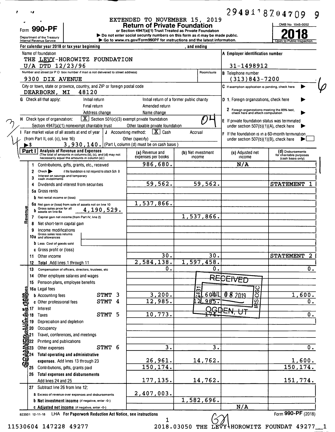 Image of first page of 2018 Form 990PF for The Levy-Horowitz Foundation