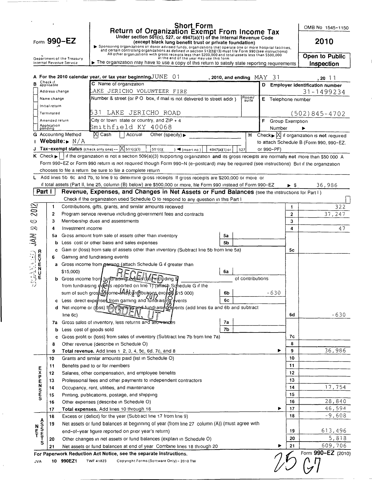 Image of first page of 2010 Form 990EZ for Lake Jericho Volunteer Fire and Rescue