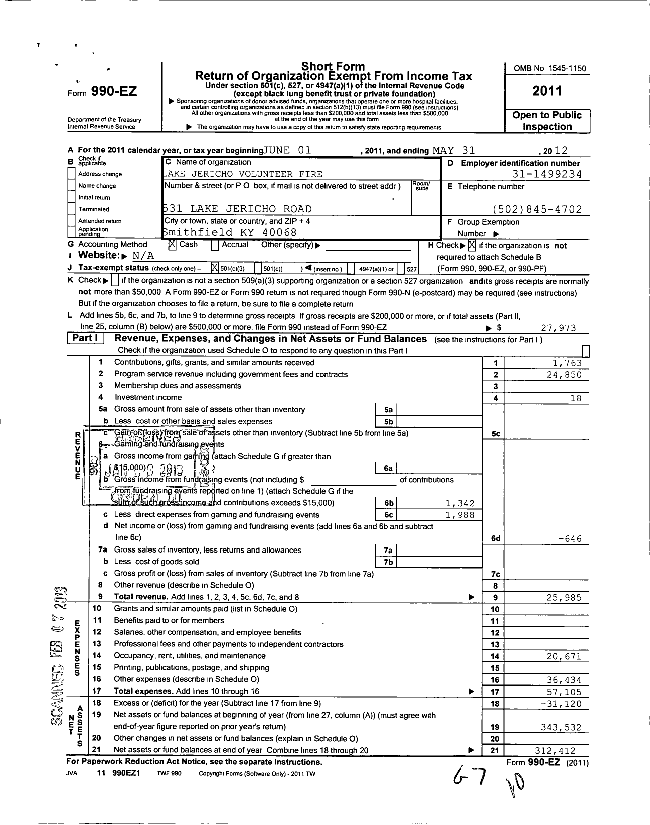 Image of first page of 2011 Form 990EZ for Lake Jericho Volunteer Fire and Rescue