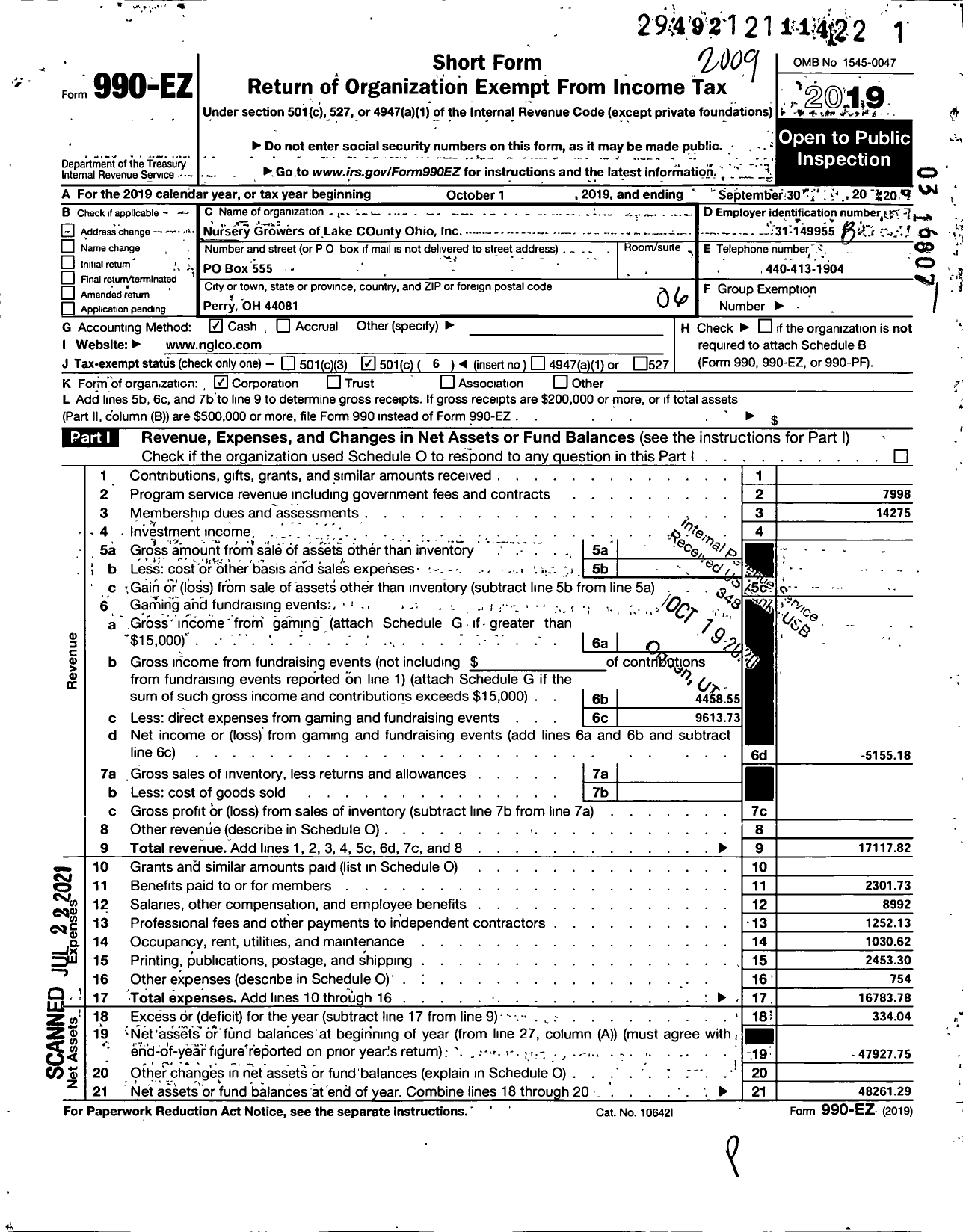 Image of first page of 2019 Form 990EO for Nursery Growers of Lake County Ohio